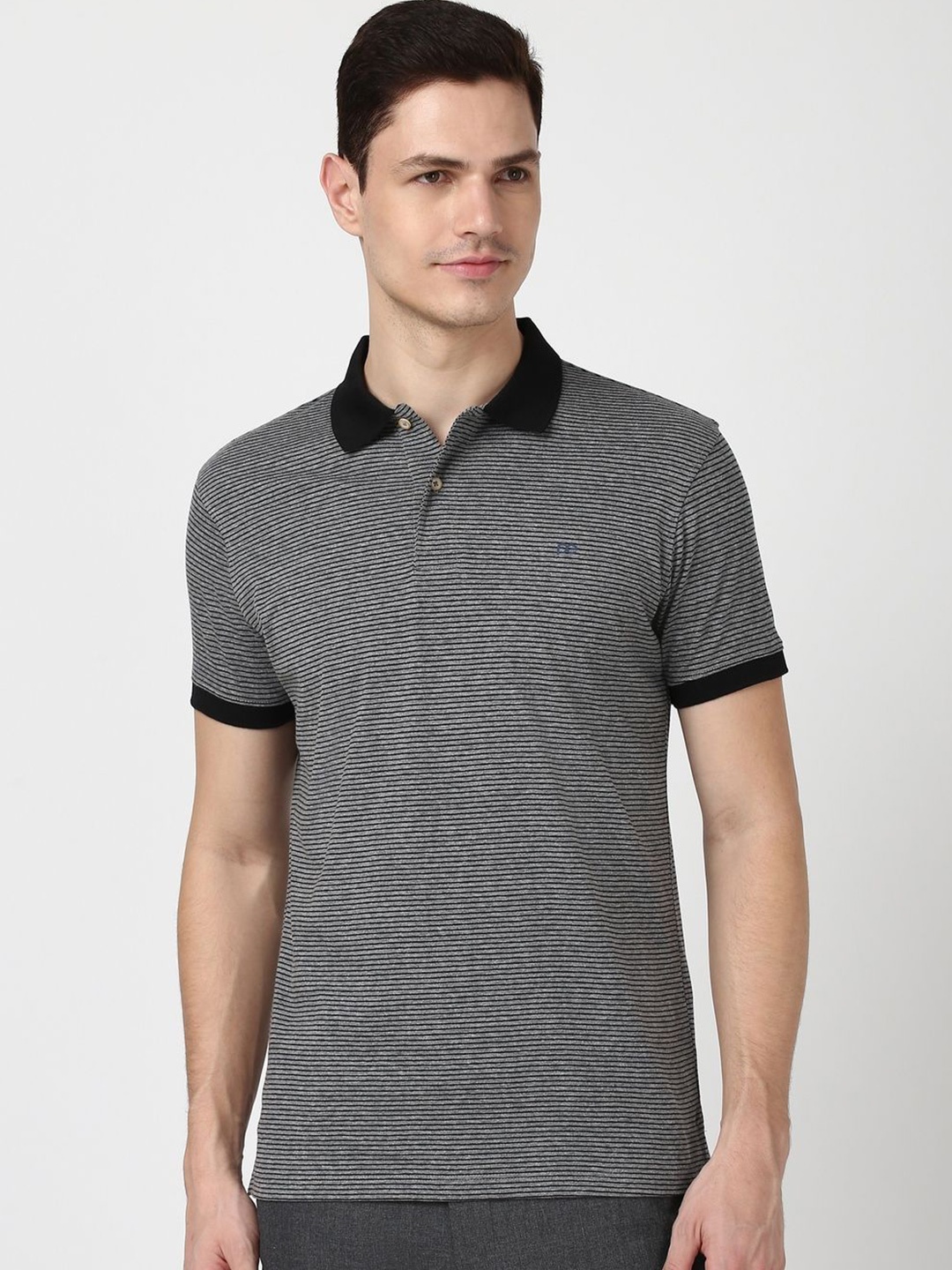 

Peter England Men Striped Polo Collar Cotton T-shirt, Grey