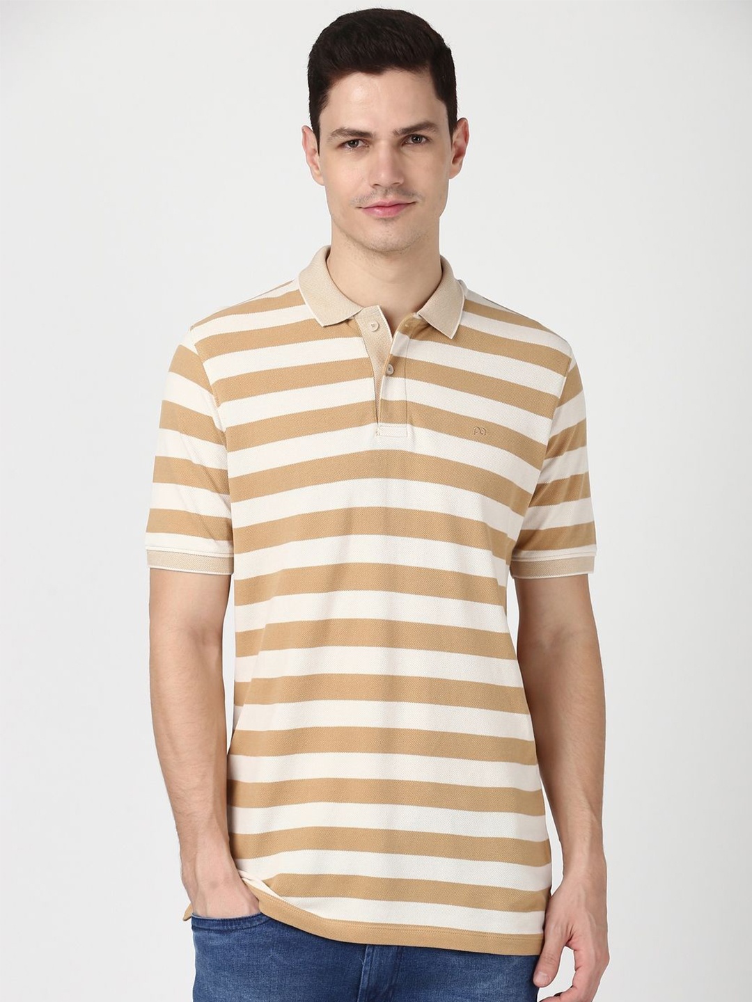 

Peter England Casuals Men Striped Polo Collar T-shirt, Beige