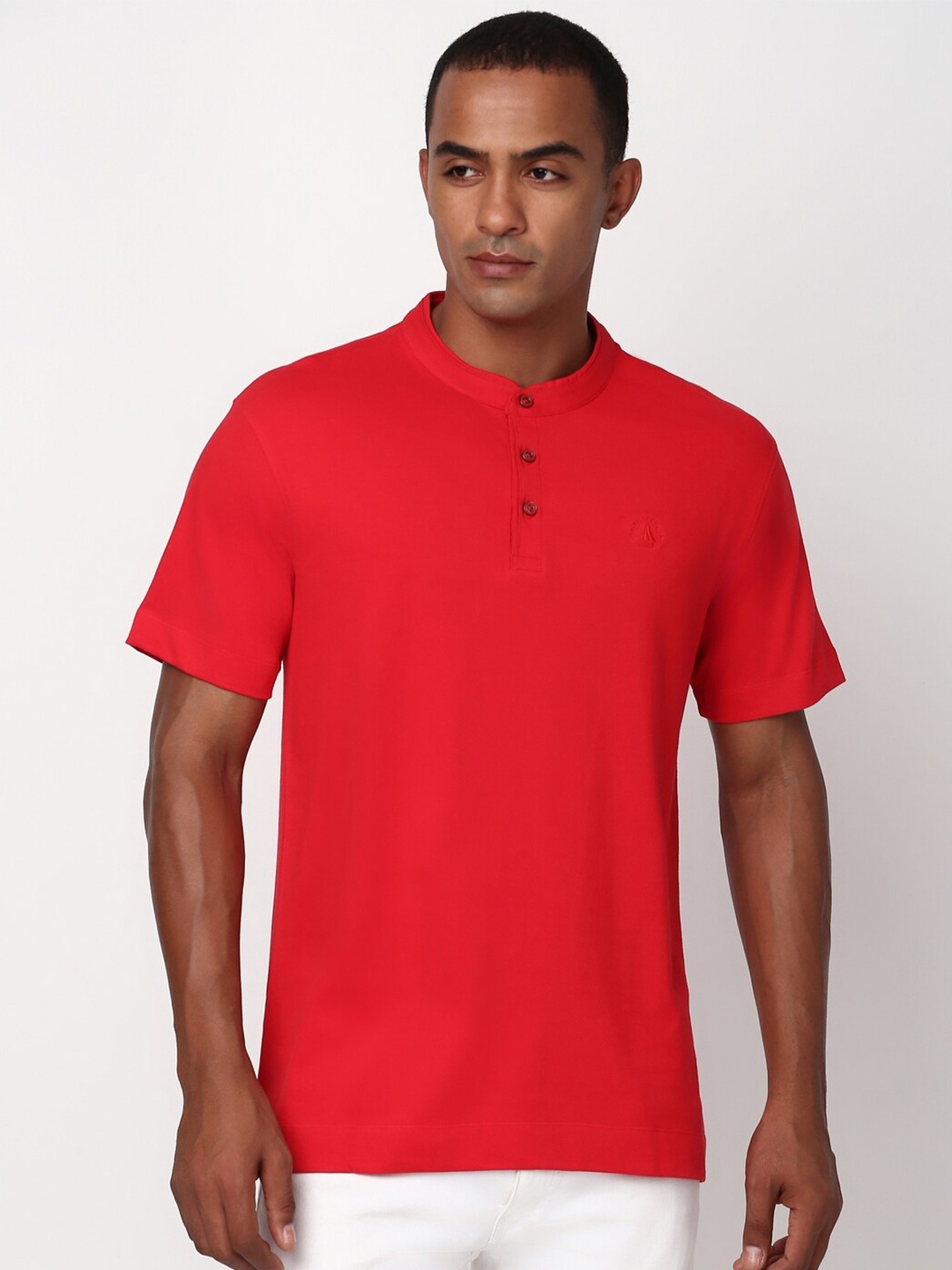 

Peter England Casuals Men Embroidered Mandarin Collar T-shirt, Red