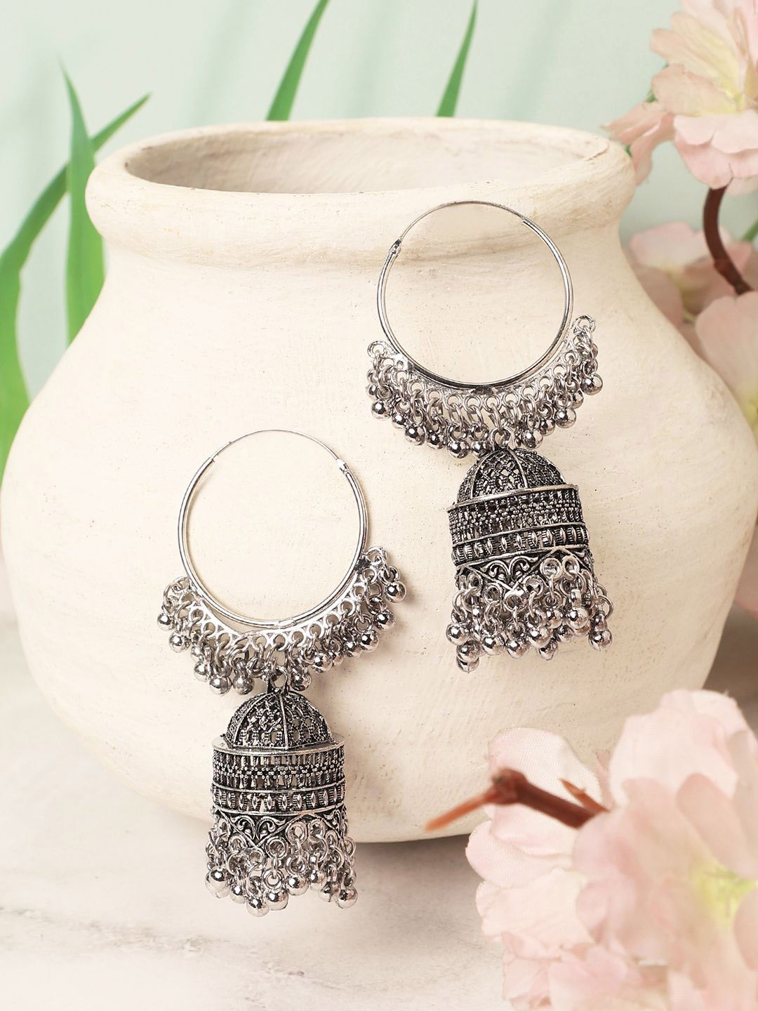 

ANIKAS CREATION Silver-Plated Dome Shaped Jhumkas