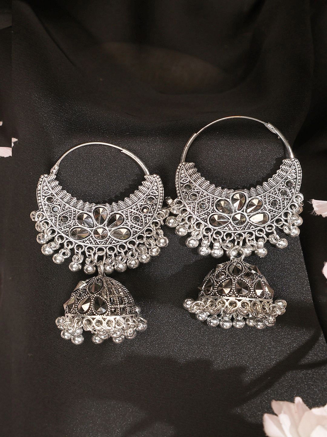 

ANIKAS CREATION Silver-Plated Beaded Dome Shaped Jhumkas