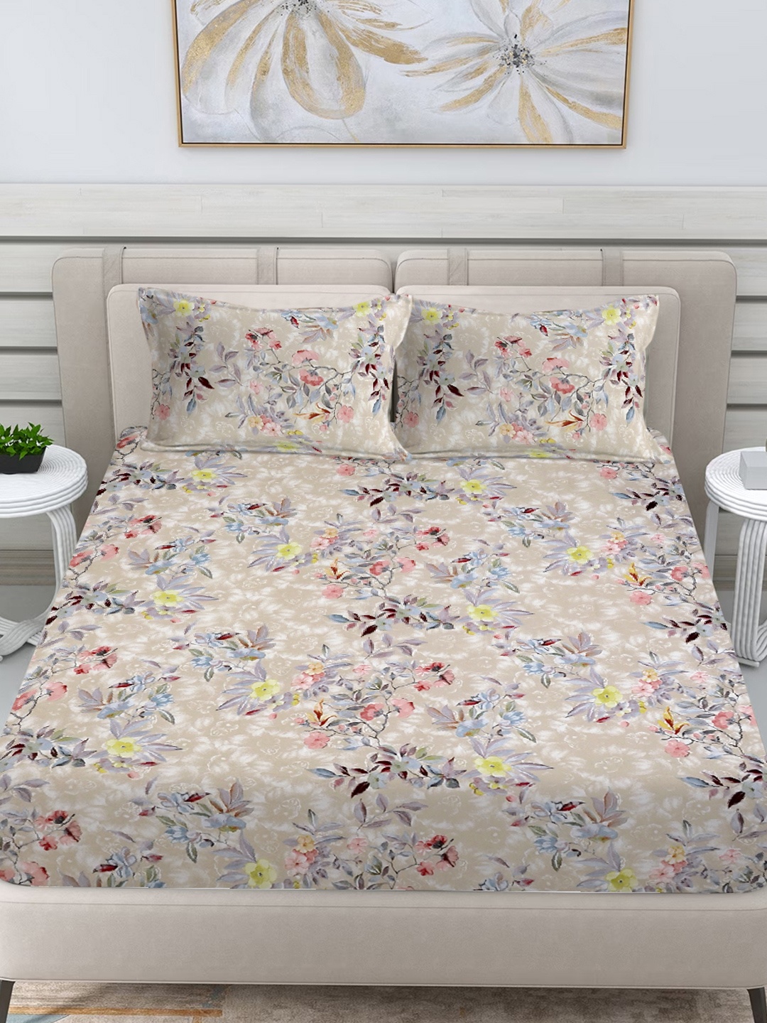 

FABINALIV Grey & Blue Floral 300 TC King Bedsheet With 2 Pillow Covers