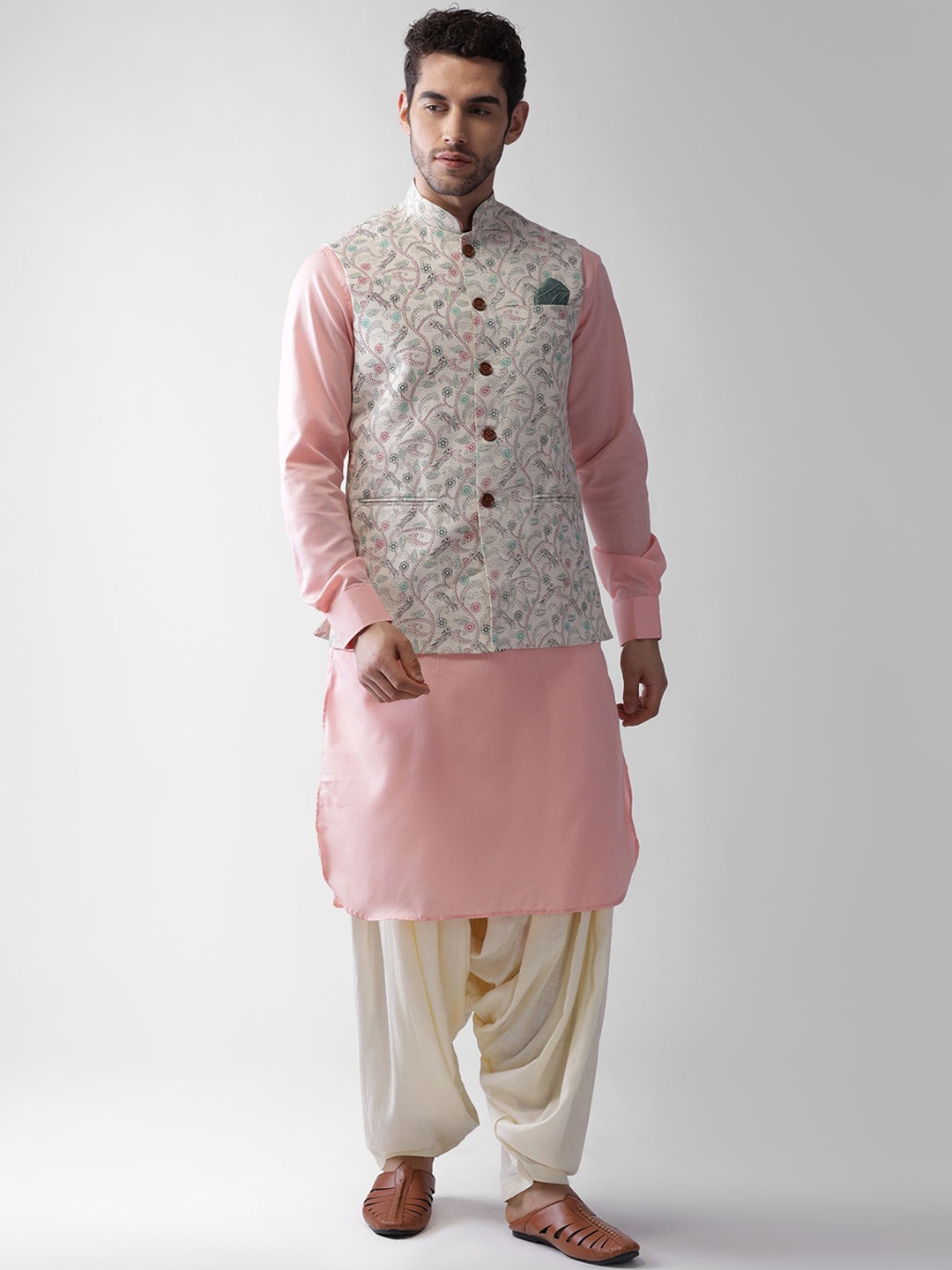 

KISAH Men Mandarin Collar Straight Kurta & Patiala & Printed Nehru Jacket, Pink