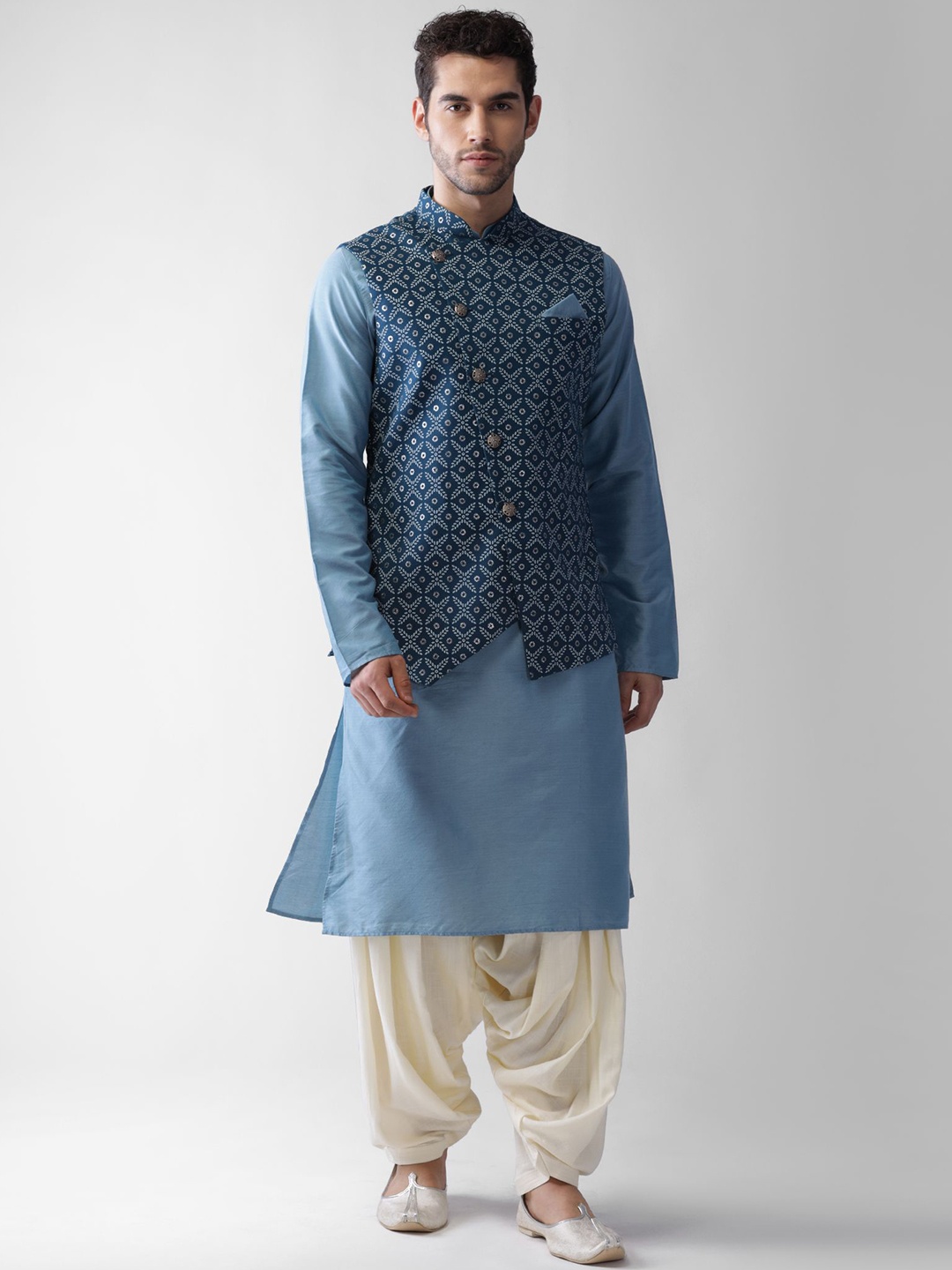 

KISAH Mandarin Collar Straight Kurta with Patiala & Jacket, Blue