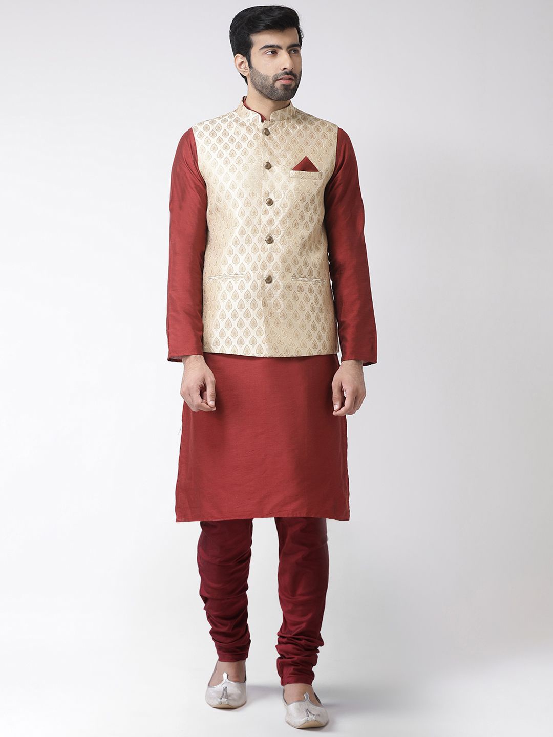 

KISAH Mandarin Collar Straight Kurta with Churidar & Jacket, Maroon