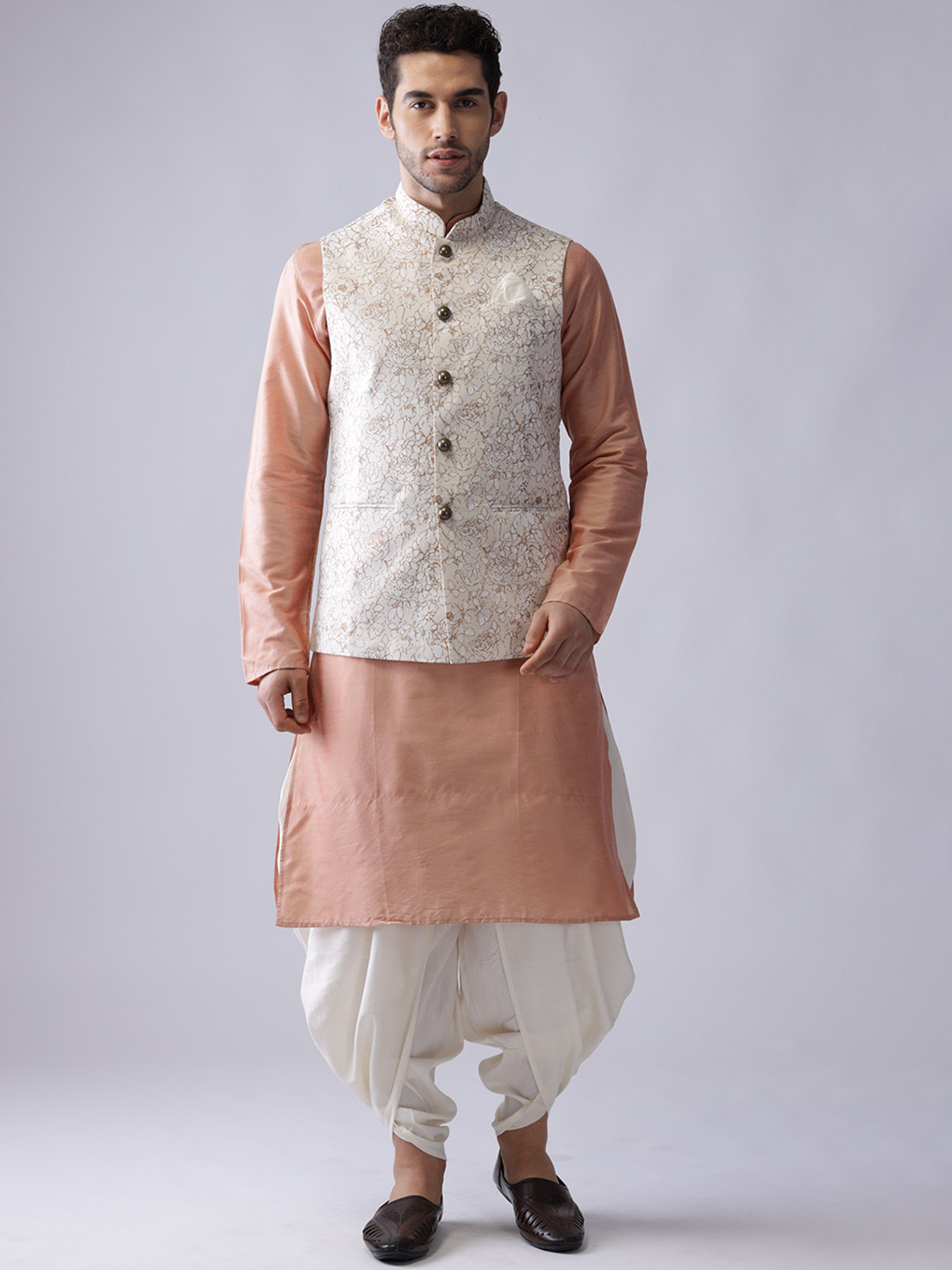 

KISAH Mandarin Collar Long Sleeves Regular Kurta & Dhoti Pants with Nehru Jacket, Off white