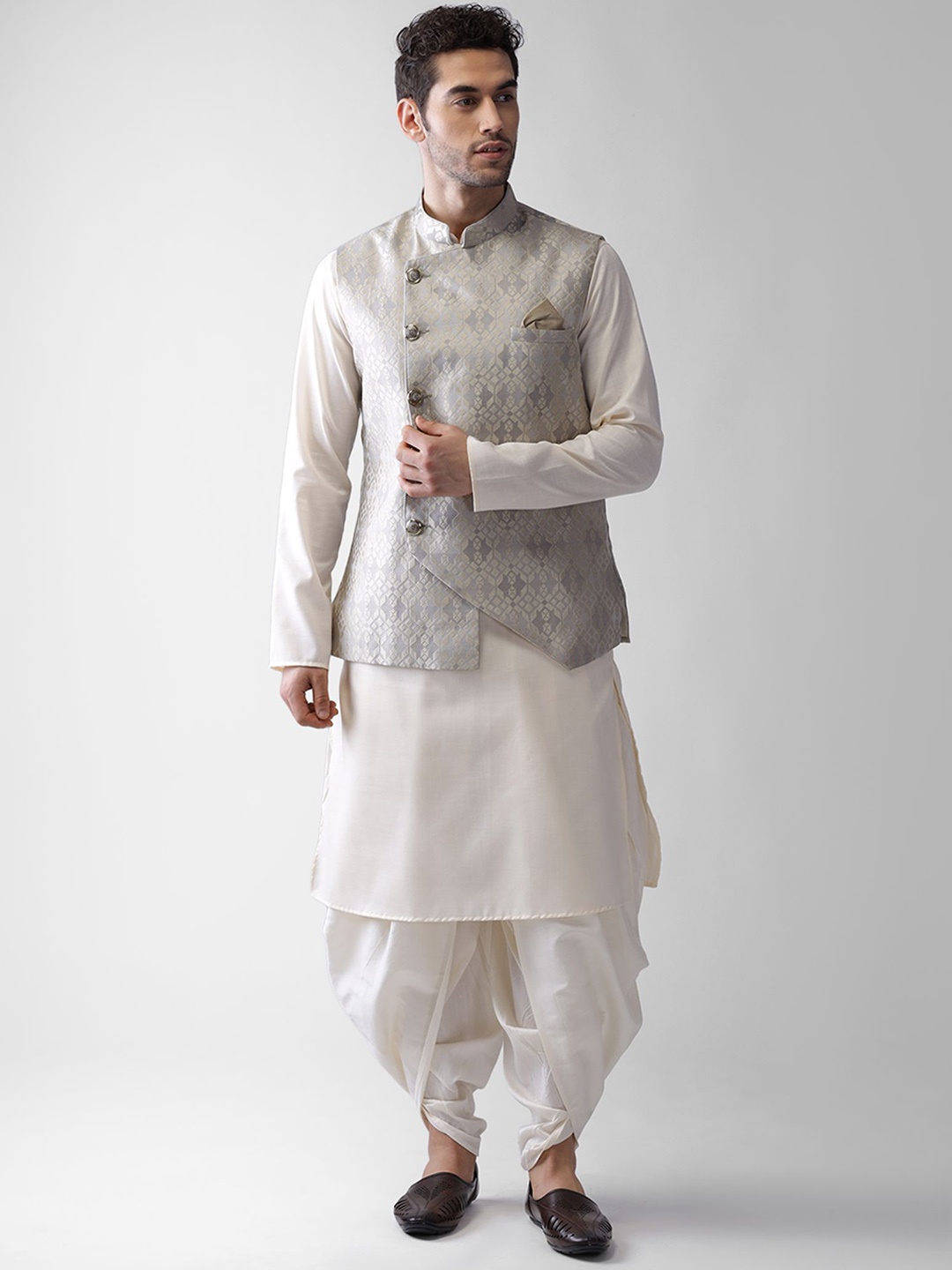 

KISAH Mandarin Collar Long Sleeves Regular Kurta & Dhoti Pants with Nehru Jacket, Grey