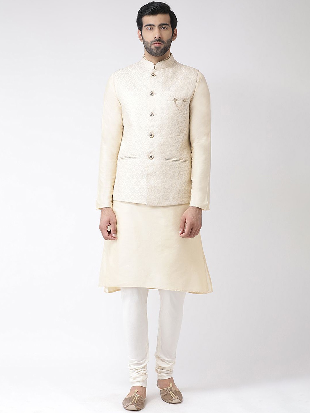 

KISAH Mandarin Collar Long Sleeves Regular Kurta & Churidar with Nehru Jacket, Cream