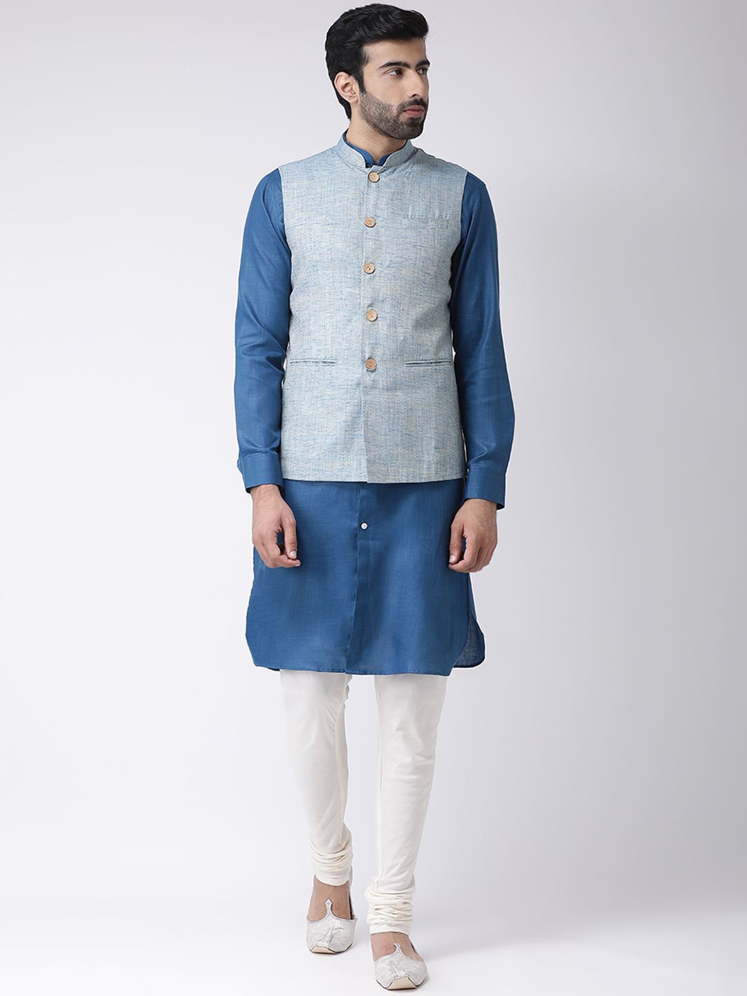 

KISAH Mandarin Collar Long Sleeves Regular Kurta & Churidar with Nehru Jacket, Blue