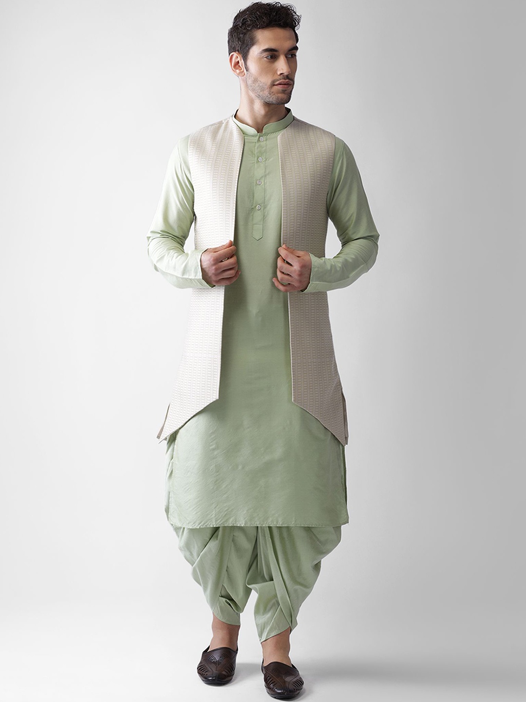 

KISAH Mandarin Collar Long Sleeves Regular Kurta & Dhoti Pants with Jacket, Beige