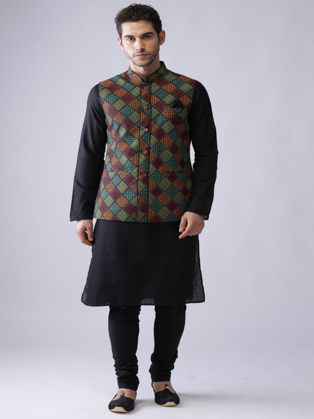 

KISAH Men Geometric Printed Regular Fit Kurta Jacket Churidar Set, Black