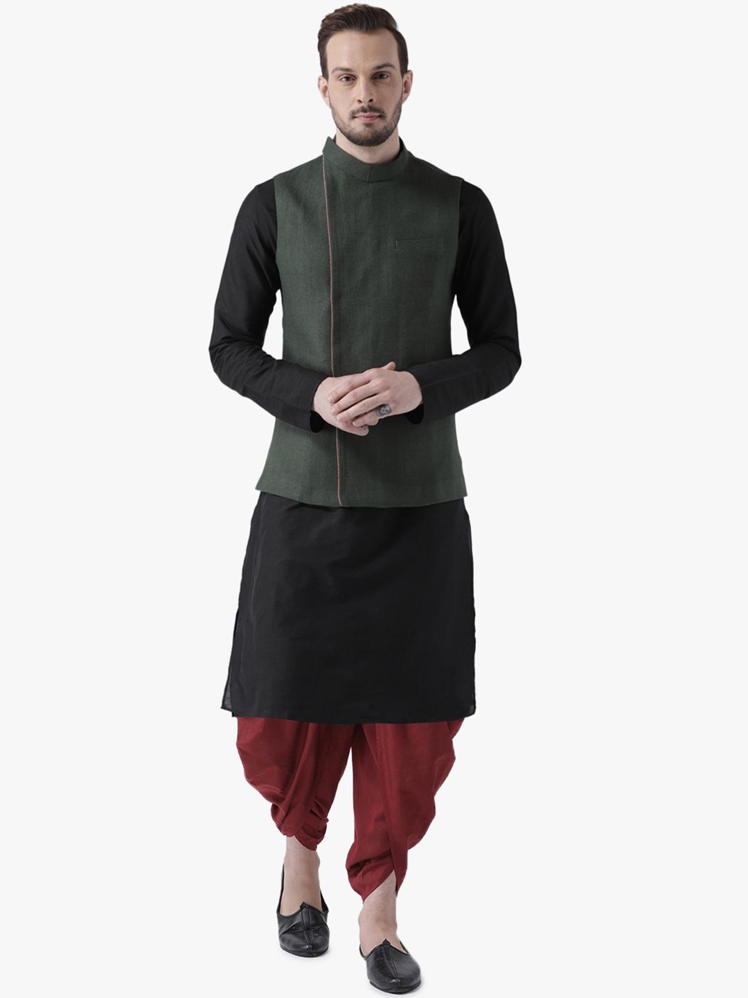 

KISAH Mandarin Collar Straight Kurta with Dhoti Pants & Jacket, Green