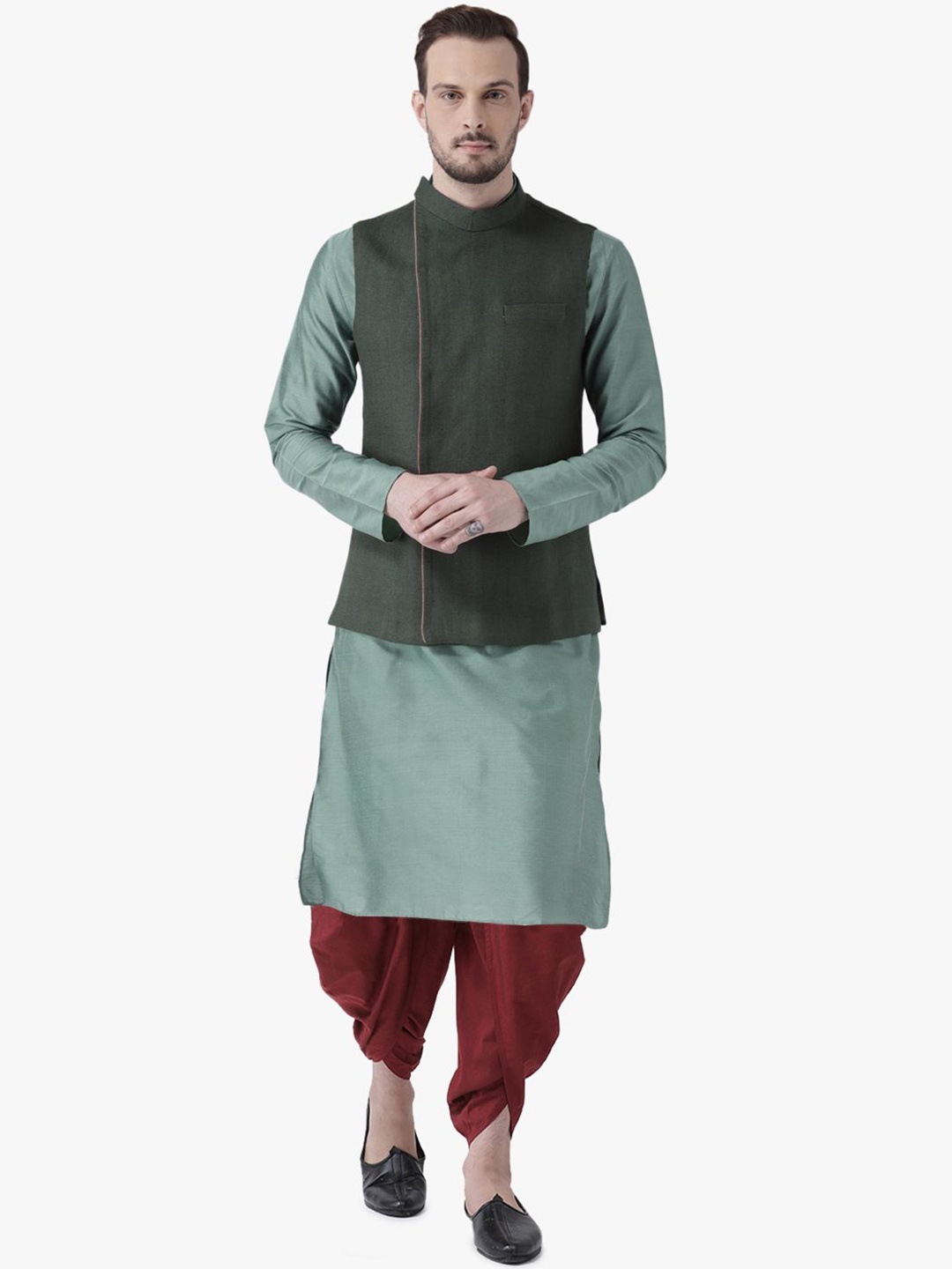 

KISAH Mandarin Collar Straight Kurta with Dhoti Pants & Jacket, Green