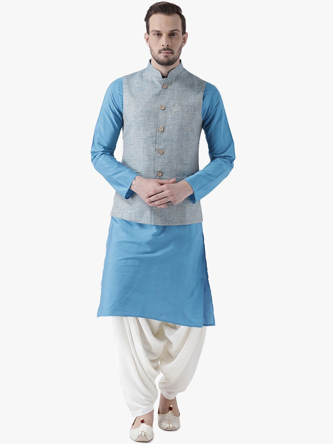 

KISAH Mandarin Collar Long Sleeves Regular Kurta & Patiala with Nehru Jacket, Blue