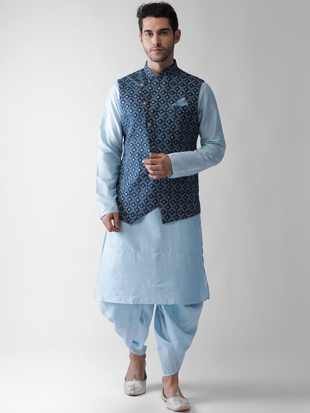 

KISAH Mandarin Collar Long Sleeves Regular Kurta & Dhoti Pants with Nehru Jacket, Blue