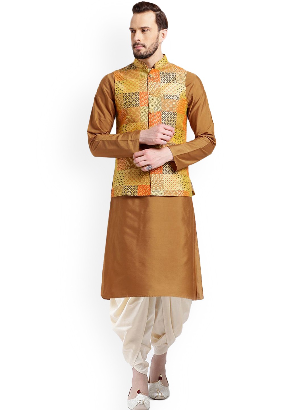 

KISAH Mandarin Collar Straight Kurta with Dhoti Pants & Jacket, Mustard