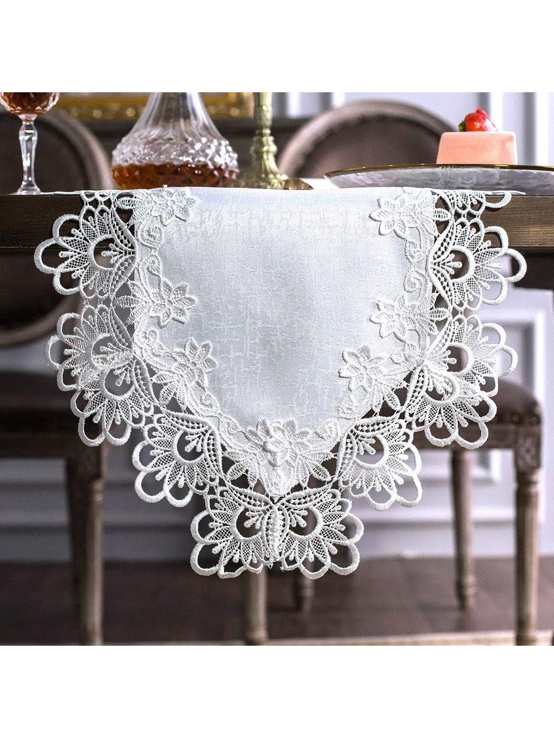 MONKDECOR White Floral Tissue Cutwork Lace Border Table Runner