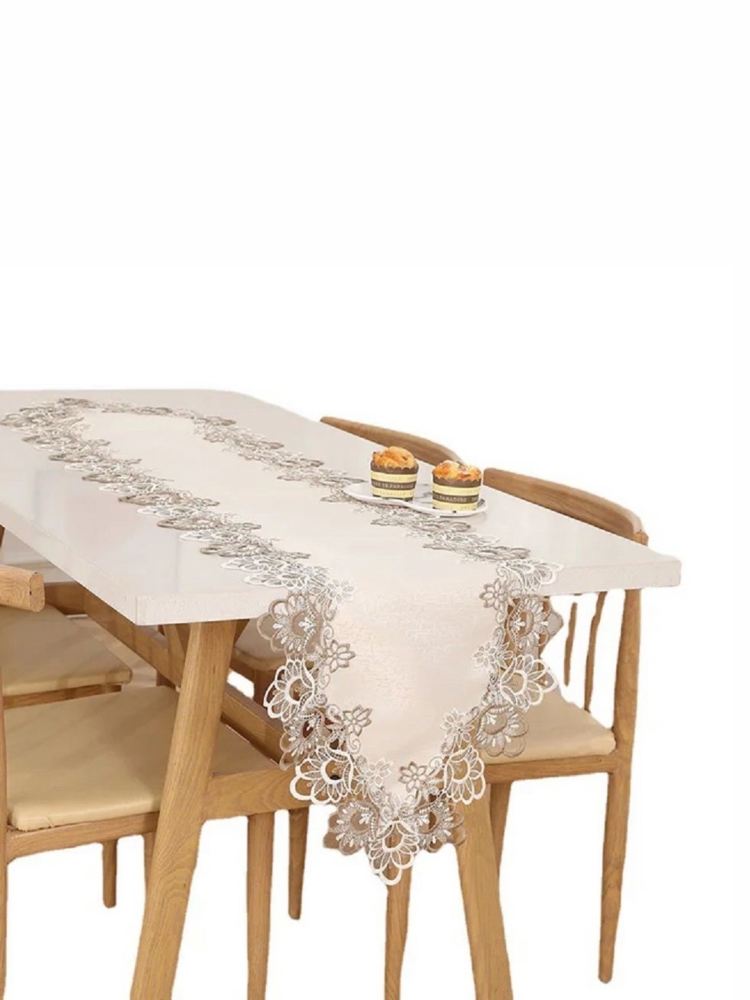 

MONKDECOR Grey Floral Tissue Cutwork Lace Border Table Runner