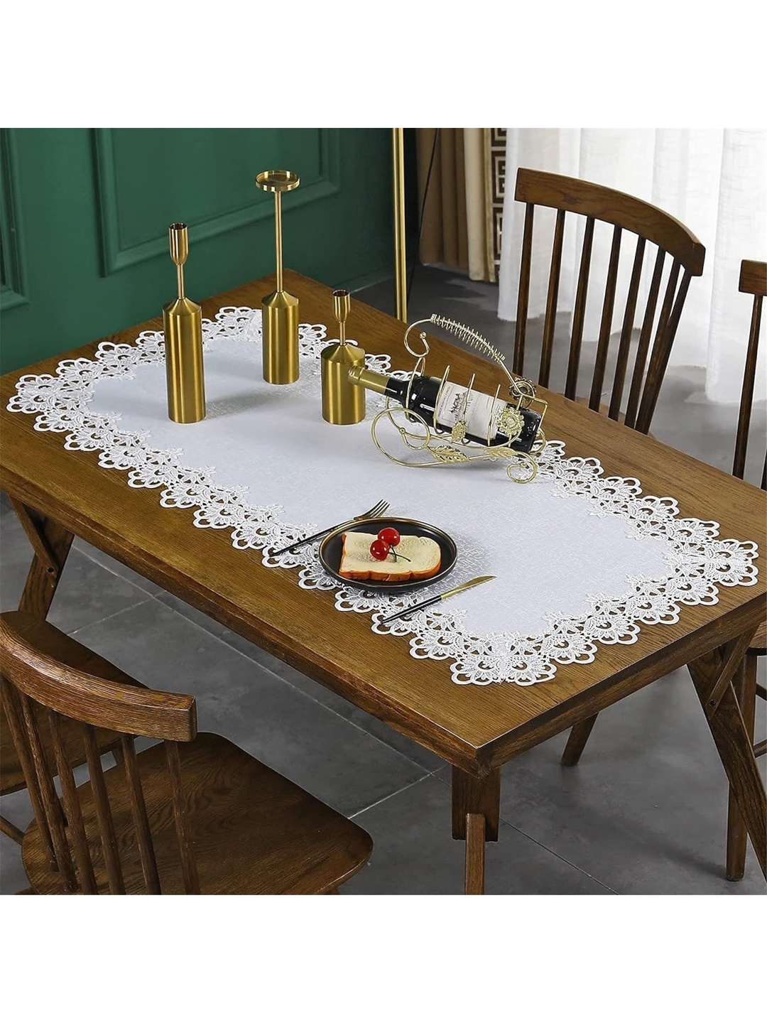 

MONKDECOR White Floral Tissue Cutwork Lace Border Table Runner