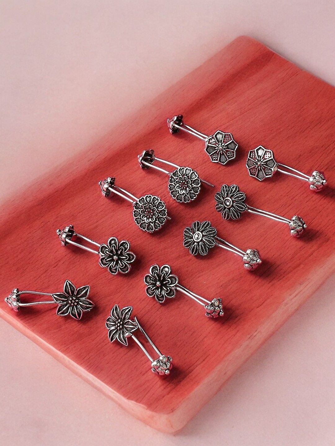 

OOMPH Set Of 5 Floral Oxidised Ear Cuff Earrings, Silver
