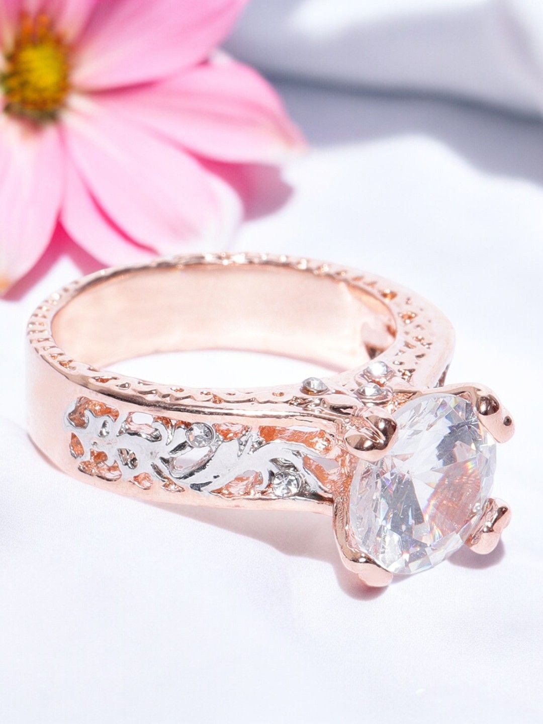 

OOMPH Rose Gold-Plated Cubic Zirconia Studded Finger Ring