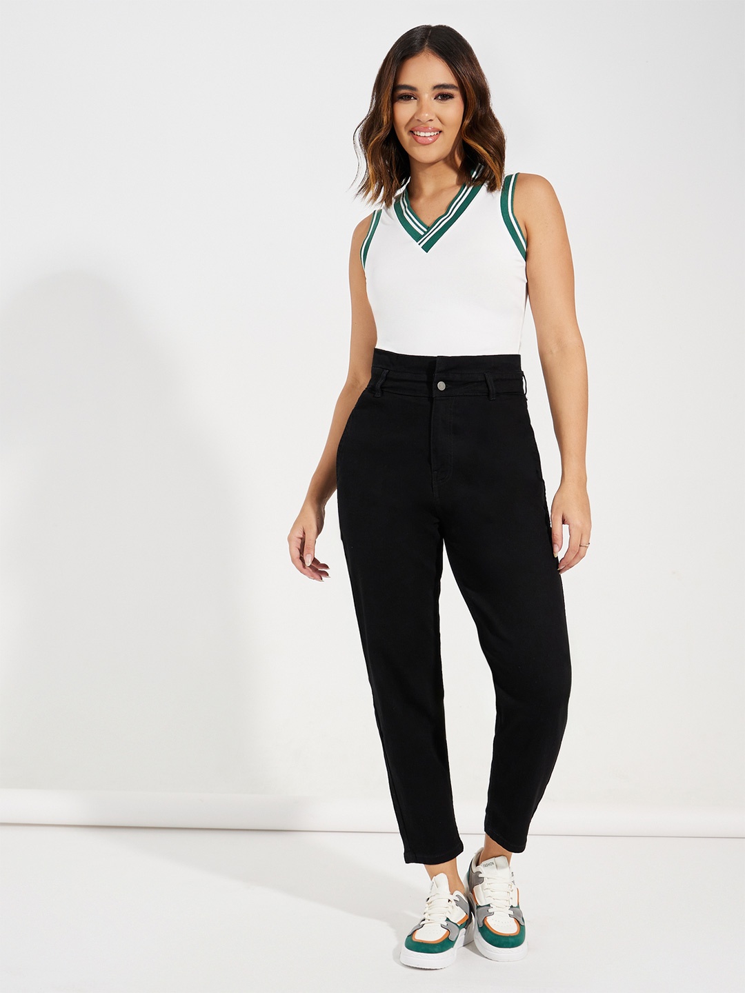 

Styli Women High Rise Paper Bag Waist Mom Jeans, Black