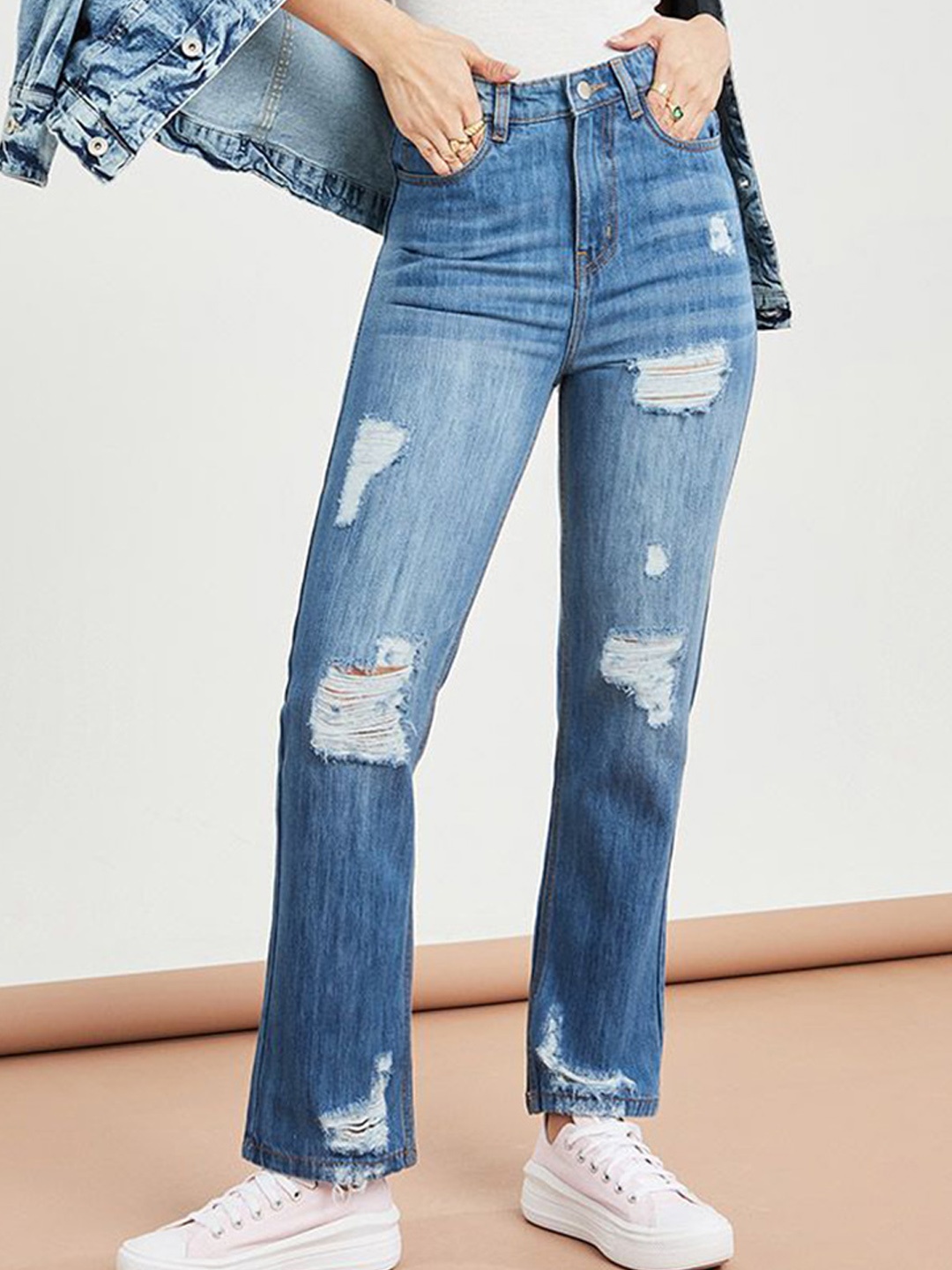 

Styli Women High Waist Distressed Straight Fit Jeans, Blue