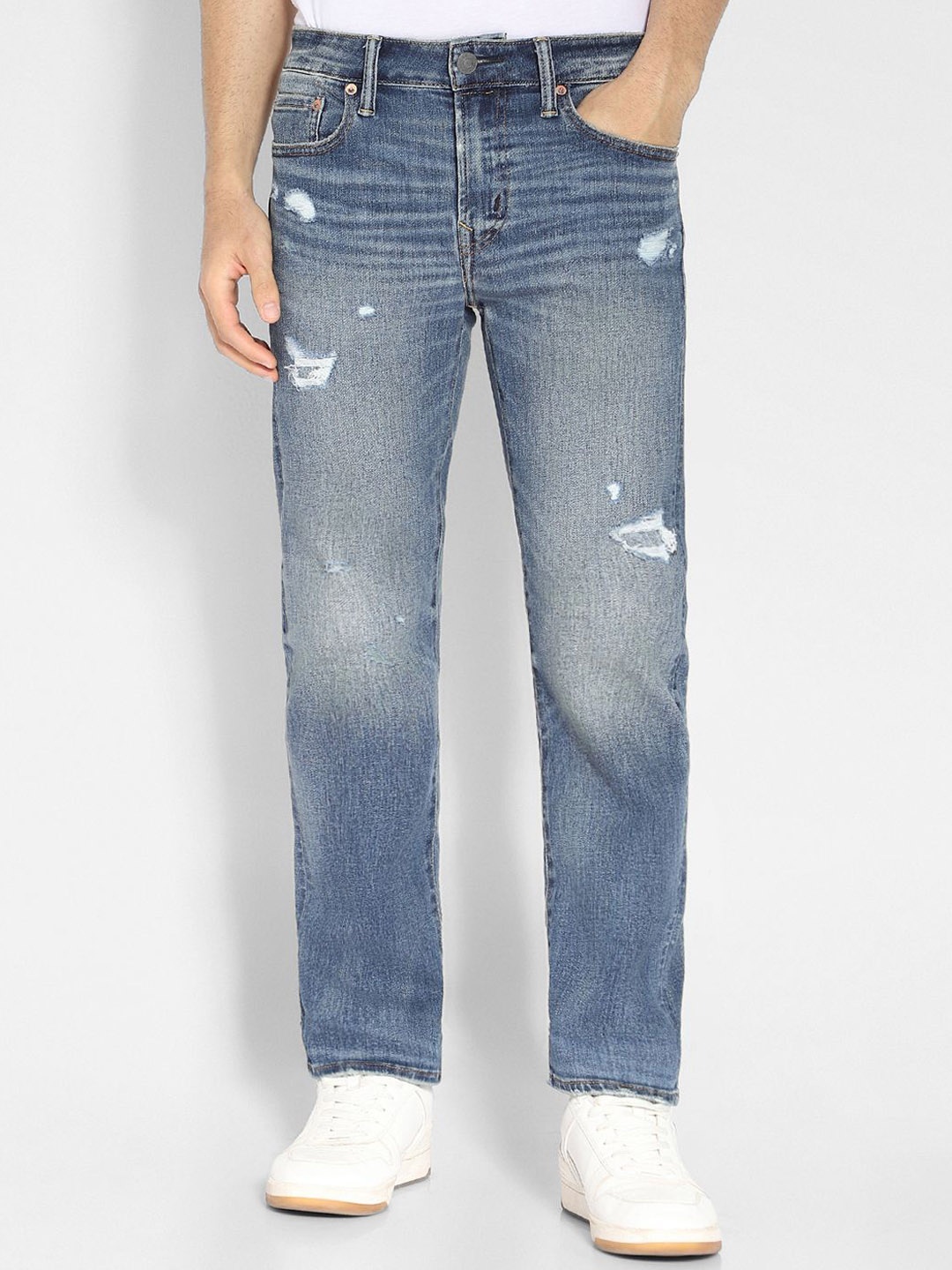 

AMERICAN EAGLE OUTFITTERS Men Straight Fit Mildly Distressed Stretchable Jeans, Blue