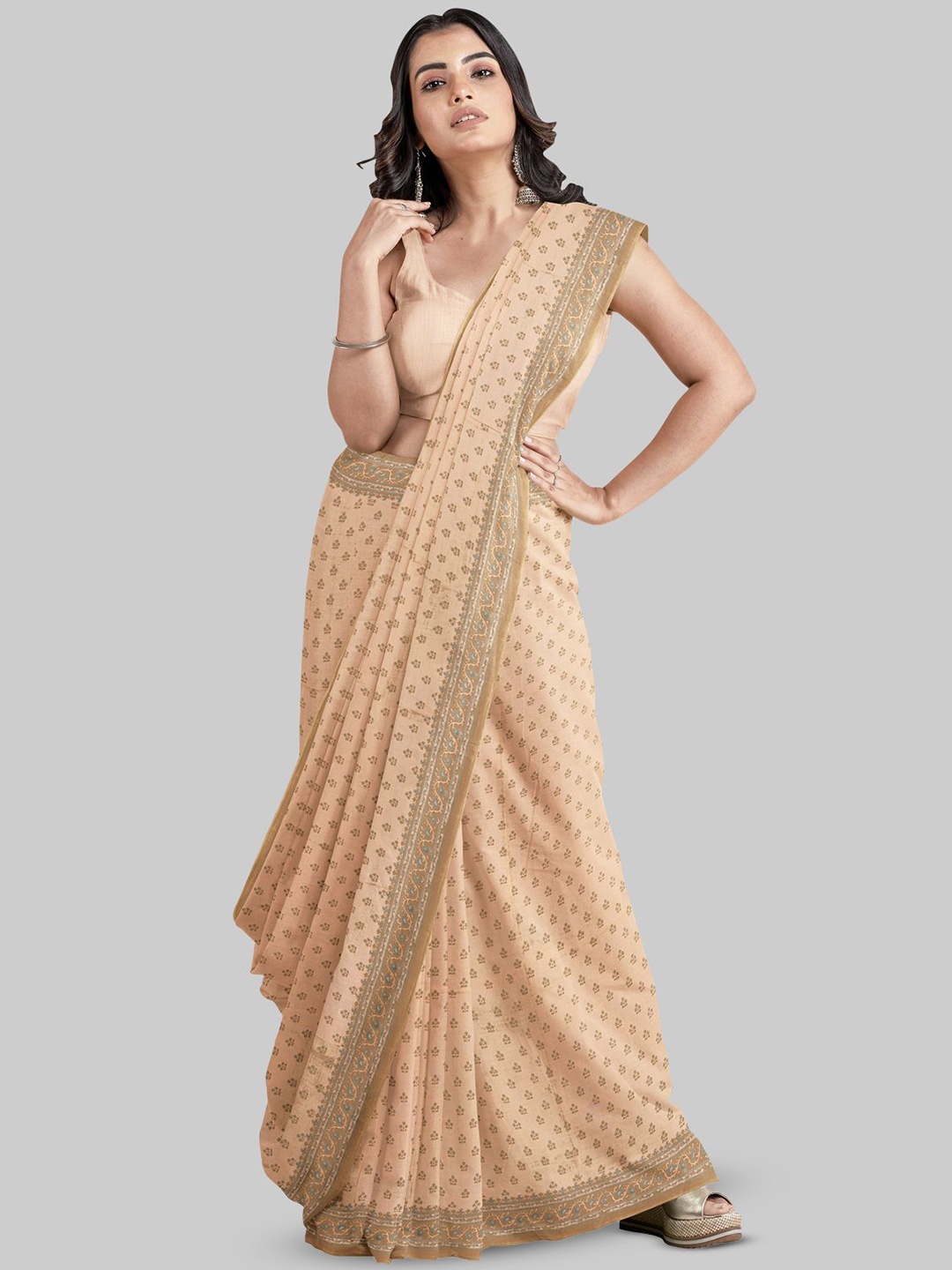 

RATAN Floral Pure Cotton Saree, Beige