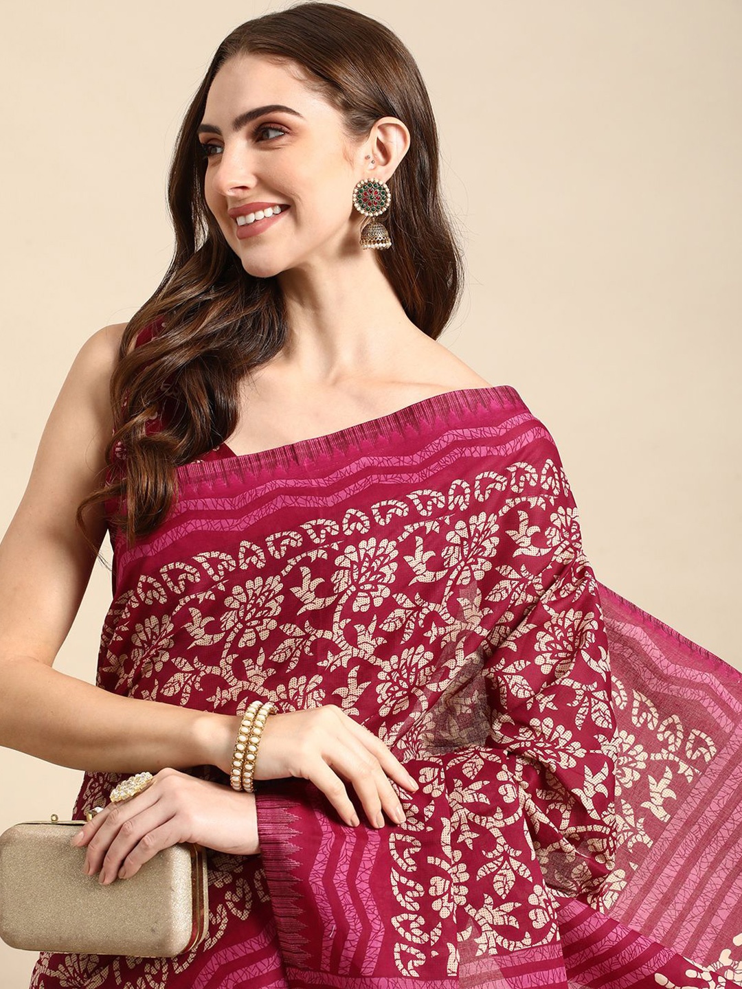 

RATAN Floral Pure Cotton Saree, Magenta
