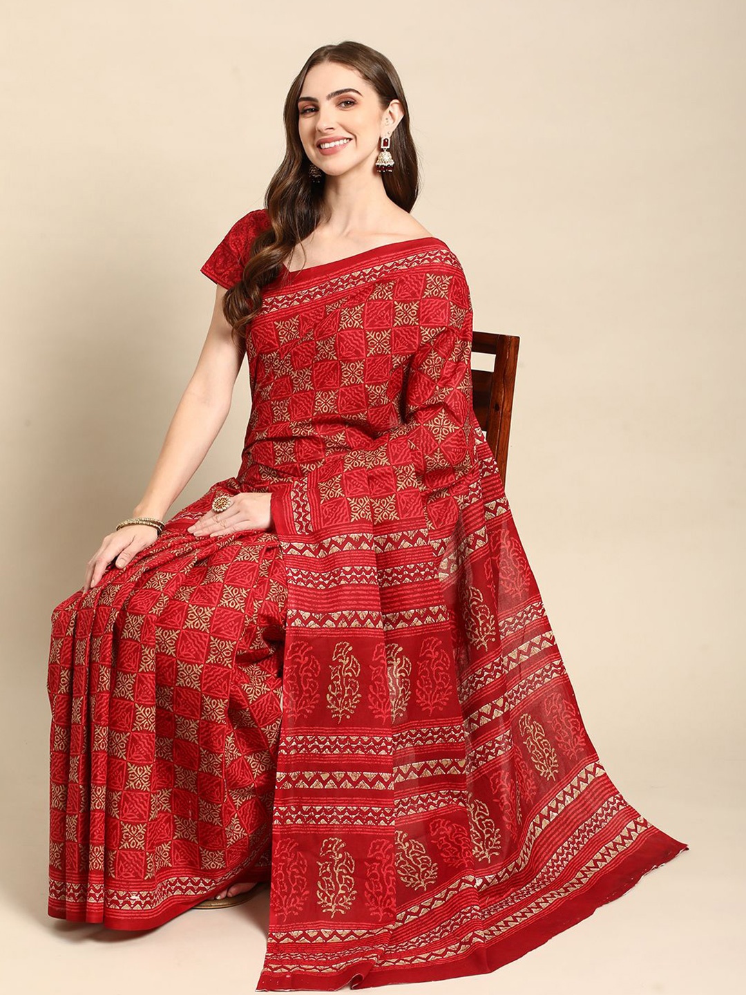 

RATAN Ethnic Motifs Printed Pure Cotton Saree, Red