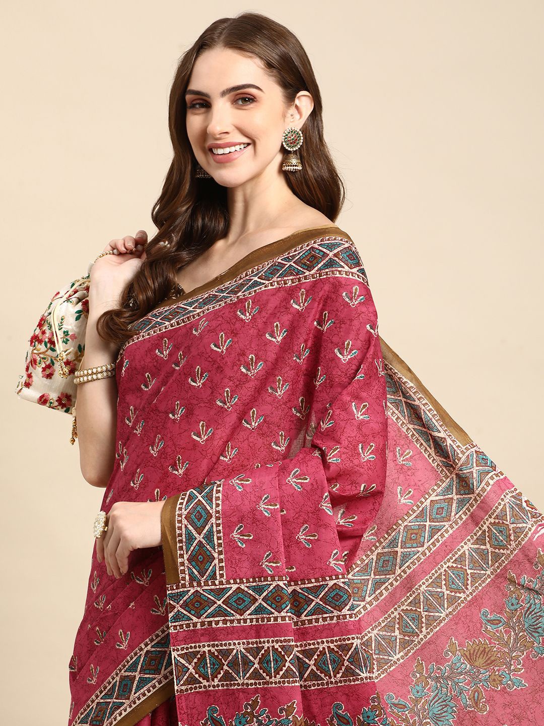 

RATAN Ethnic Motif Pure Cotton Saree, Pink