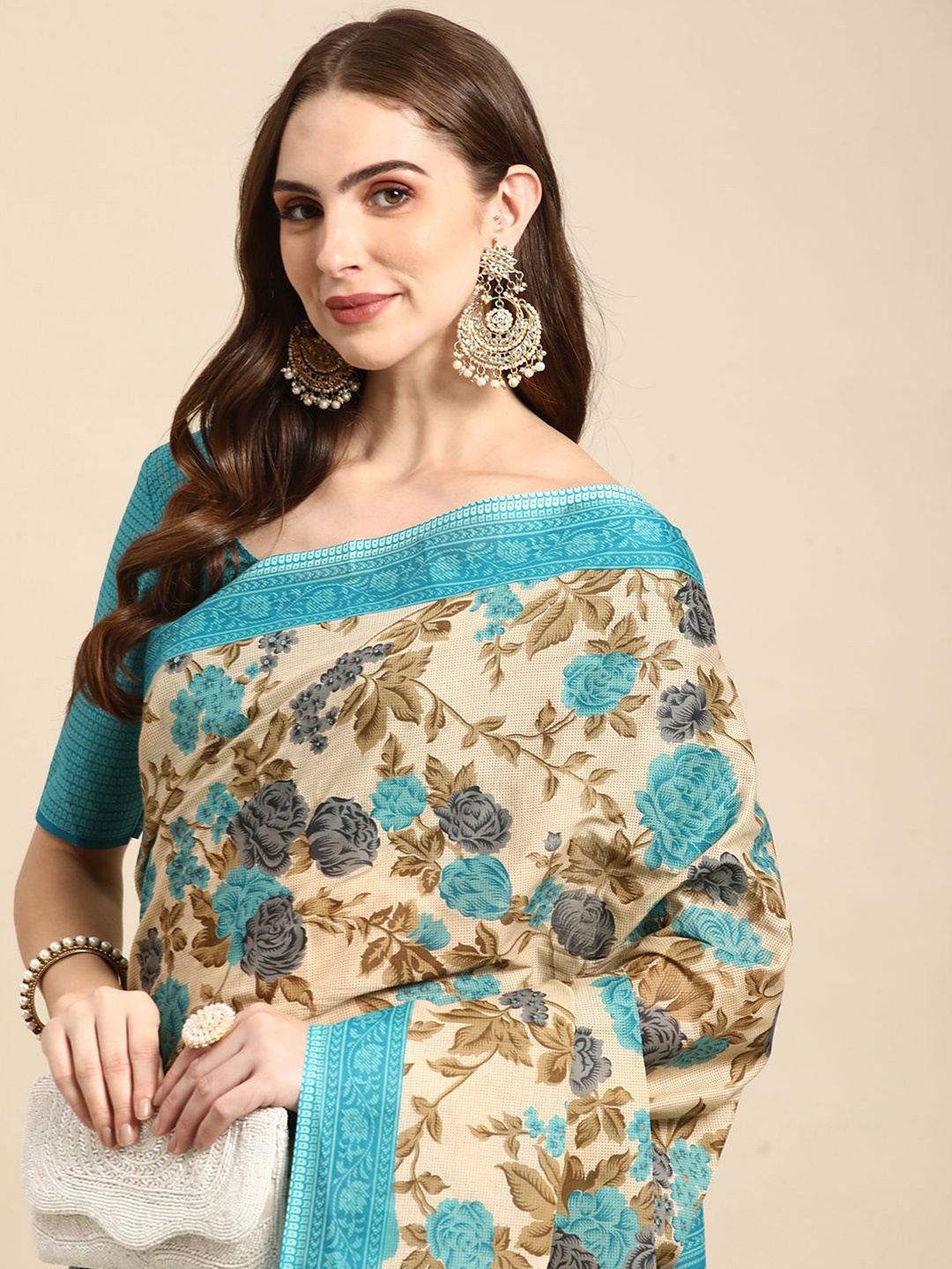 

RATAN Floral Pure Cotton Saree, Blue