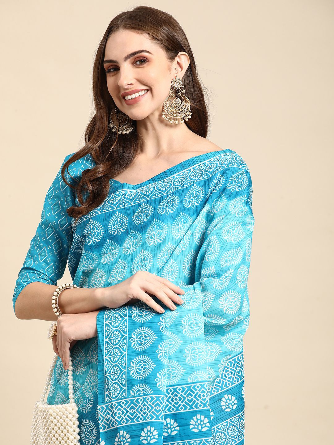 

RATAN Ethnic Motifs Printed Pure Cotton Saree, Blue