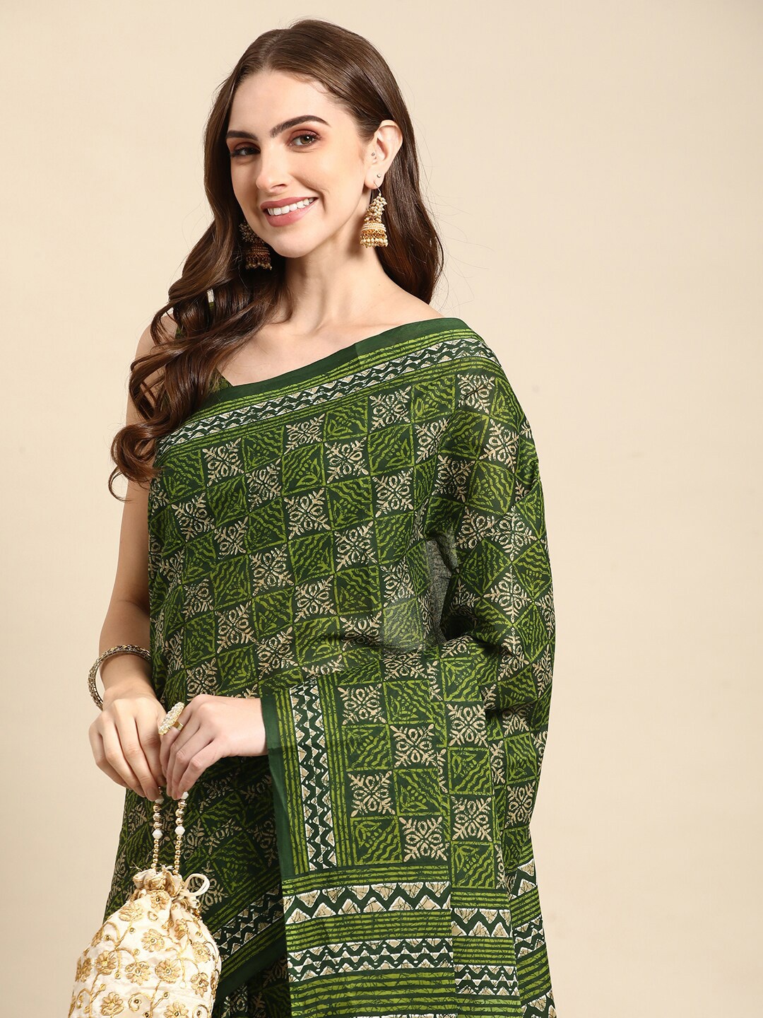 

RATAN Ethnic Motifs Pure Cotton Saree, Green