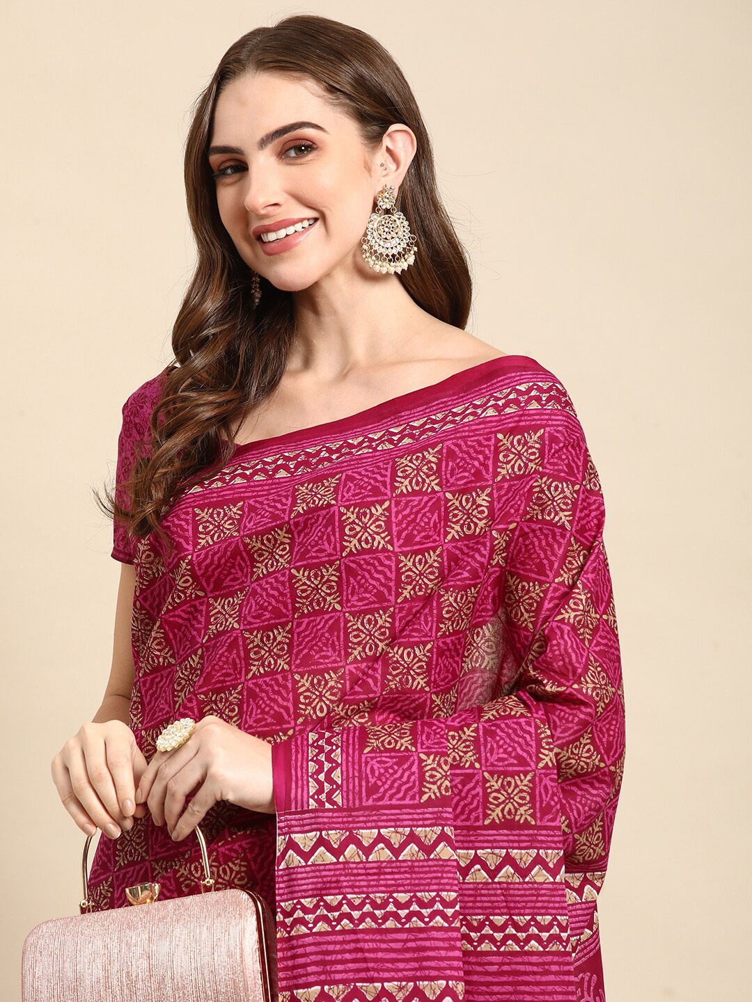 

RATAN Geometric Printed Pure Cotton Saree, Purple