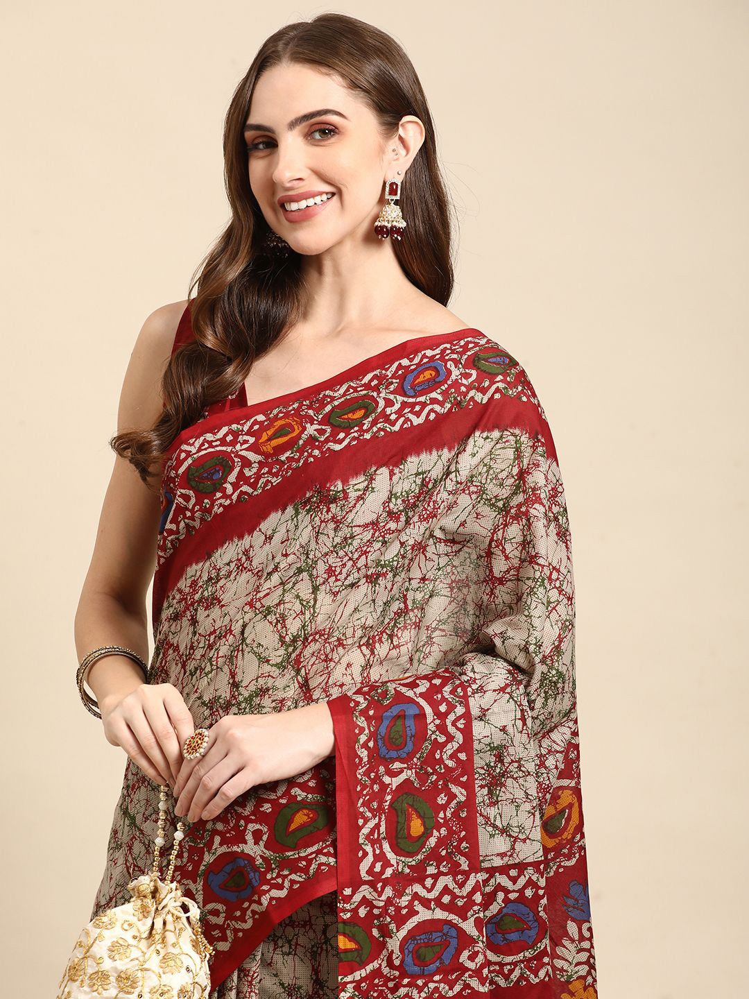 

RATAN Ethnic Motifs Pure Cotton Saree, Red
