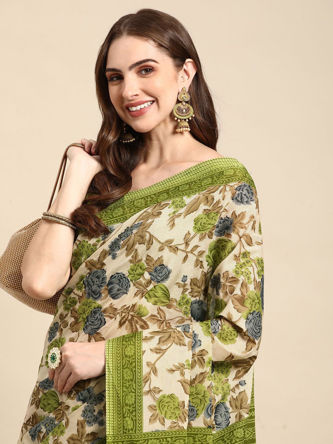 

RATAN Floral Pure Cotton Saree, Green