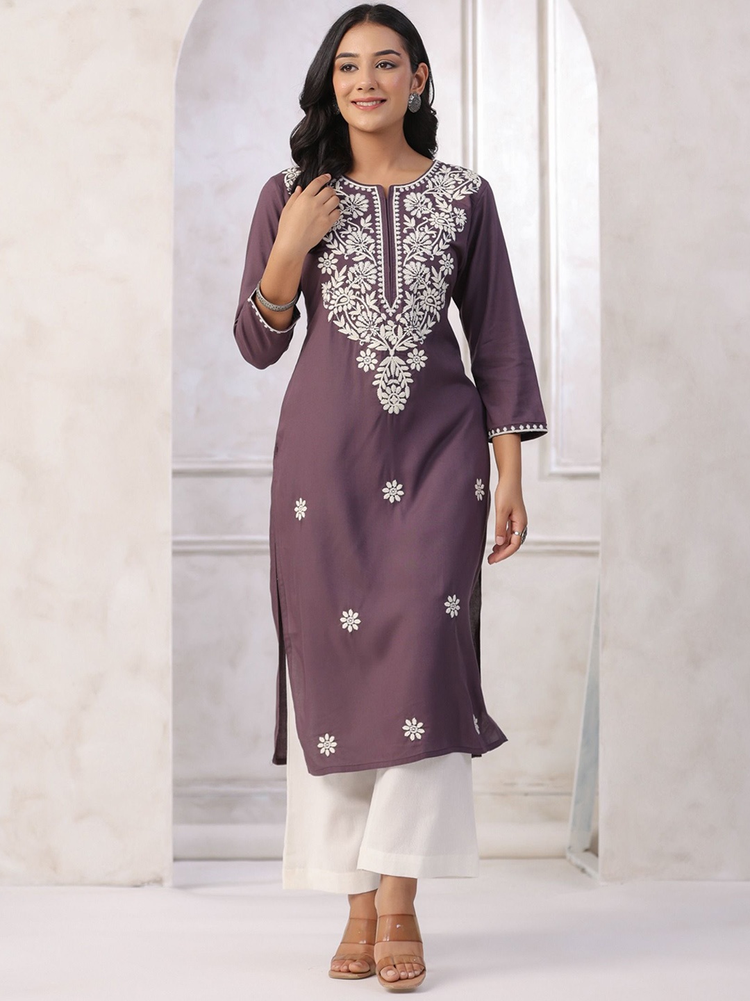 

KALINI Floral Embroidered Thread Work Straight Kurta, Purple