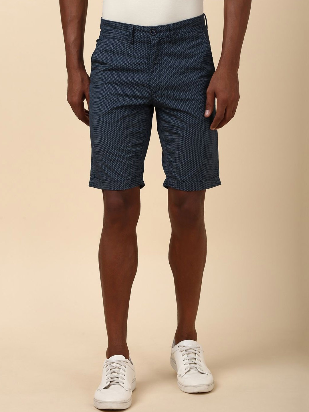 

Allen Solly Men Geometric Printed Slim Fit Pure Cotton Shorts, Navy blue