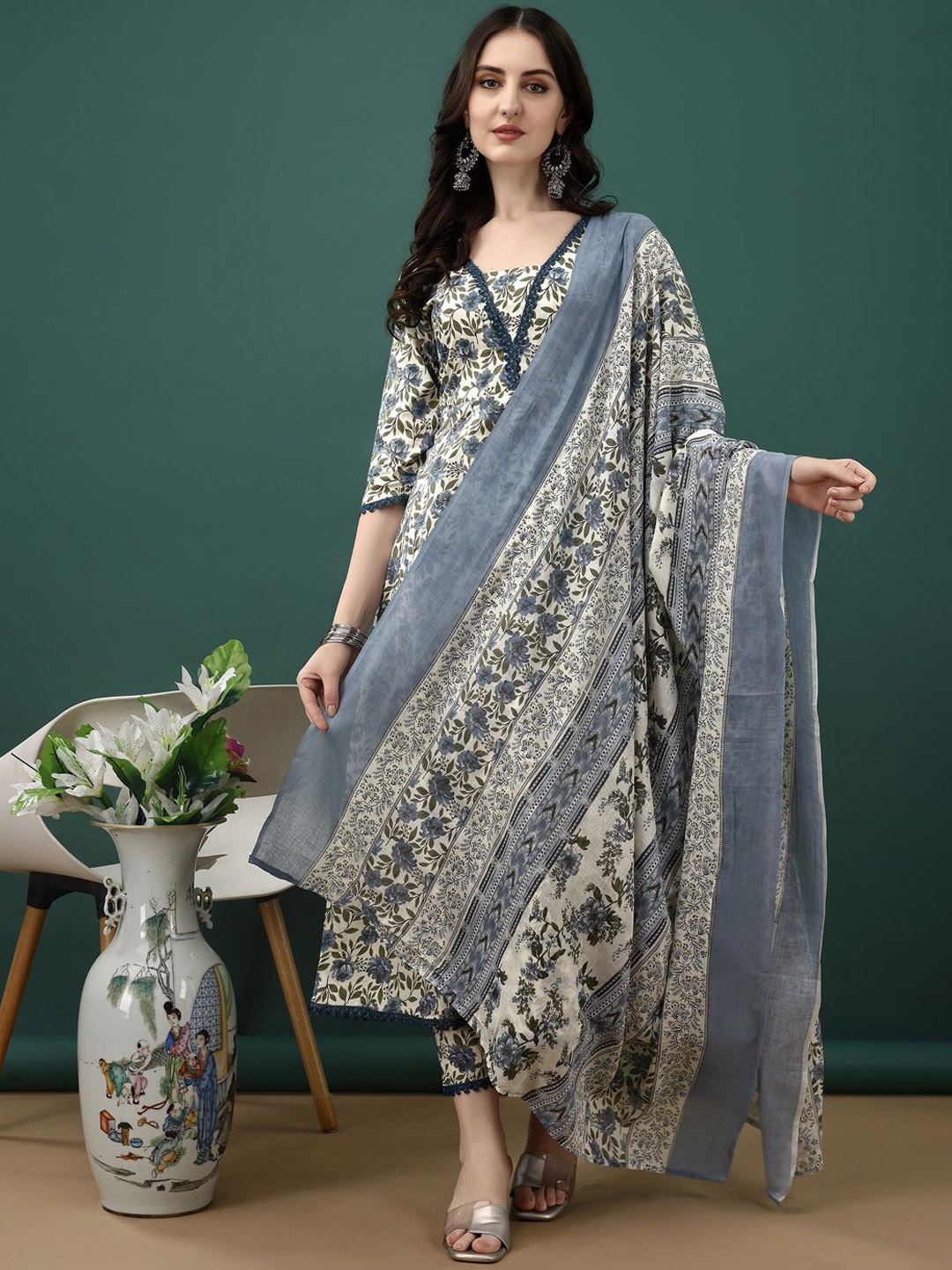

KALINI Floral Printed Pure Cotton Anarkali Kurta With Trousers & Dupatta, Navy blue