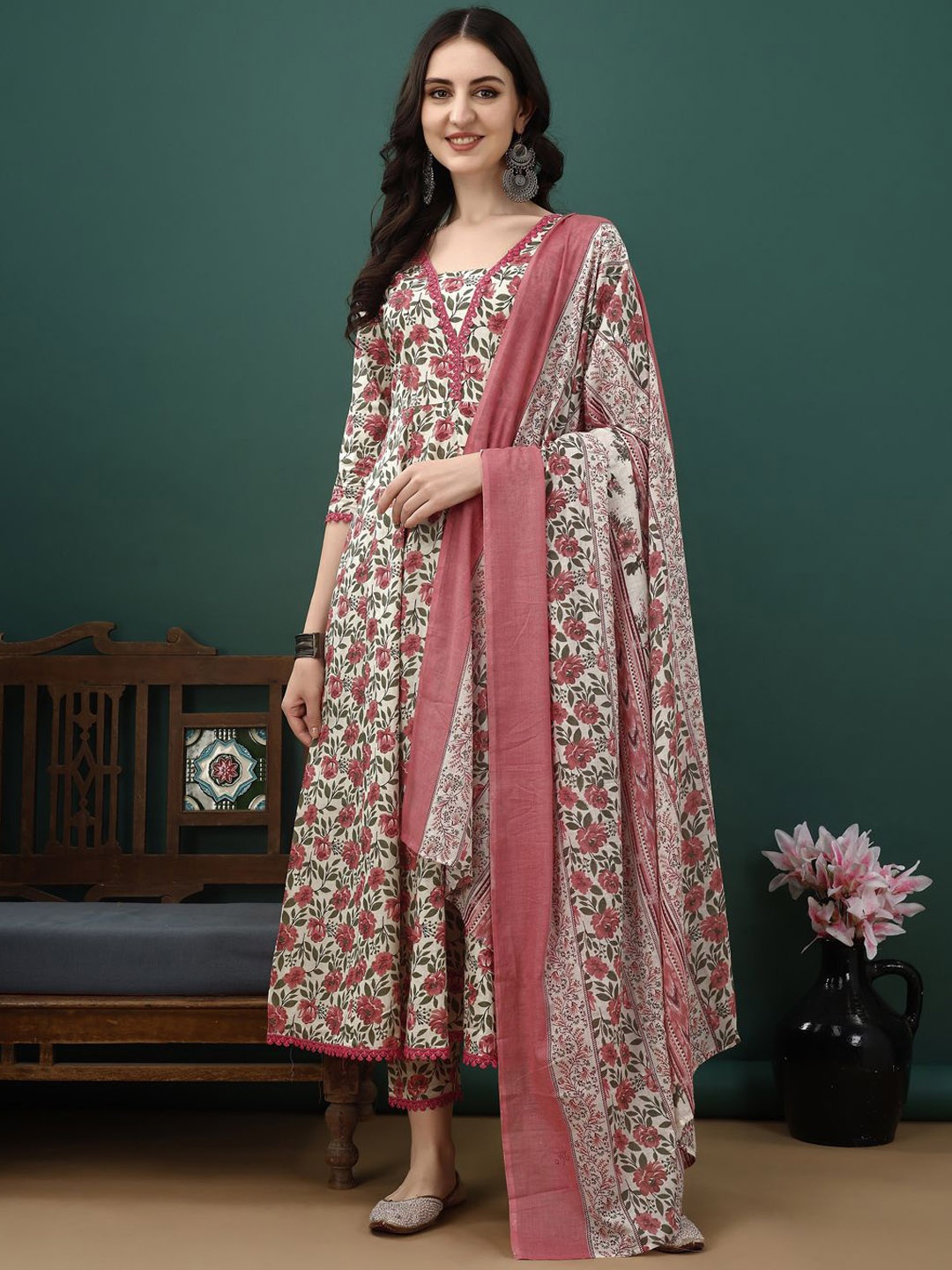 

KALINI Floral Printed Pure Cotton Anarkali Kurta With Trousers & Dupatta, Magenta