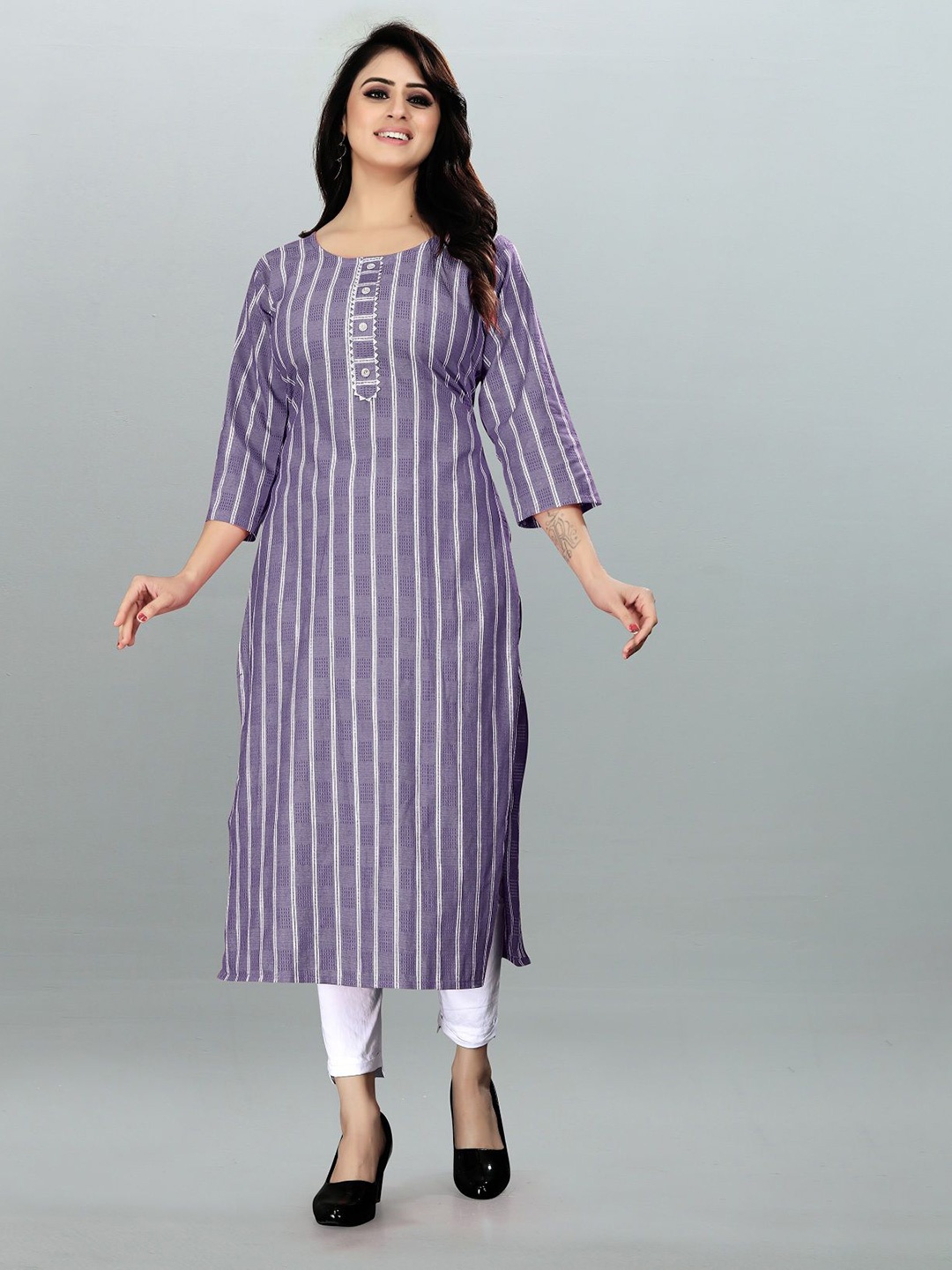 

THE WOMEN DECOR Striped Round Neck Cotton Silk Straight Kurta, Purple