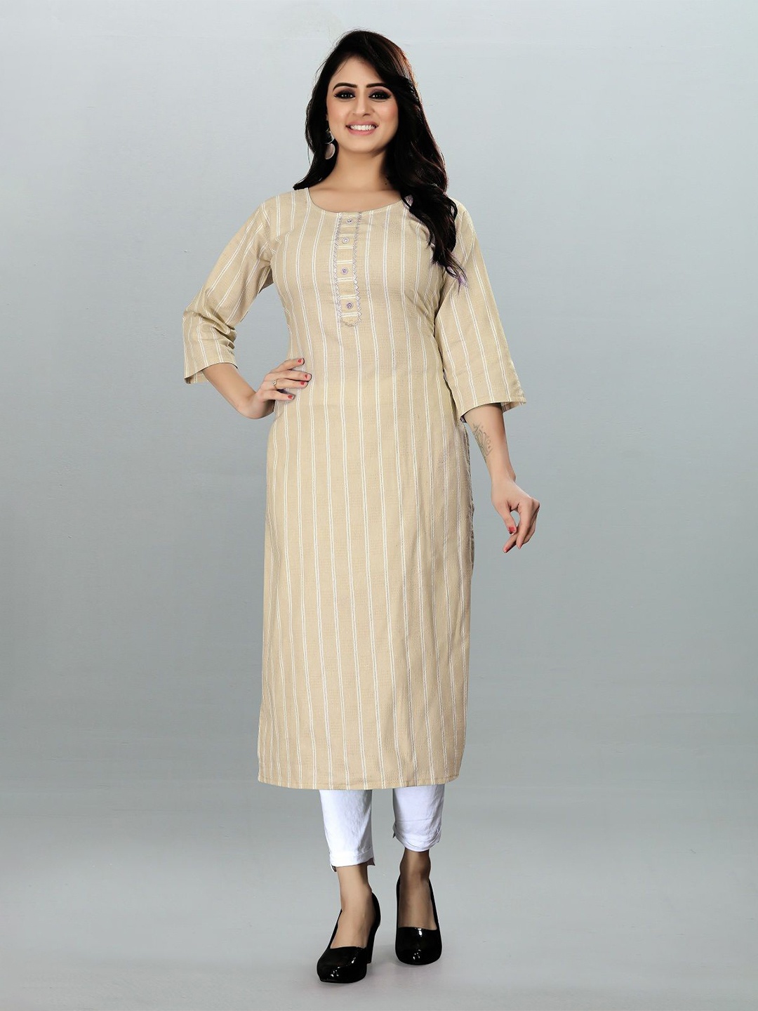 

THE WOMEN DECOR Striped Round Neck Straight Kurta, Beige