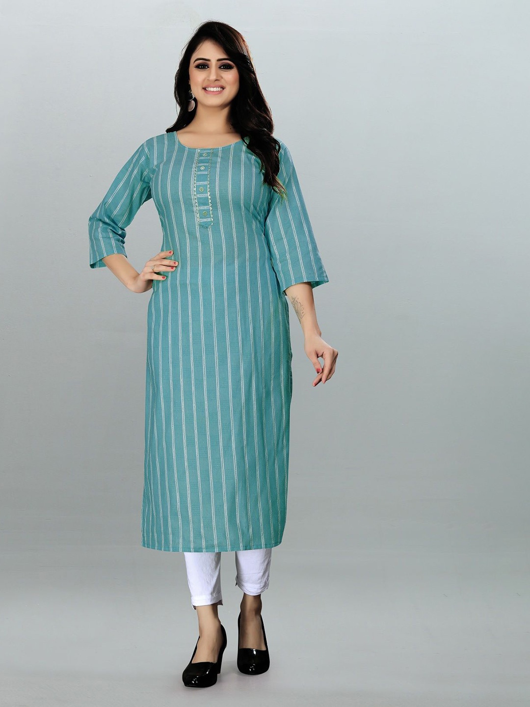 

THE WOMEN DECOR Striped A-line Kurta, Teal