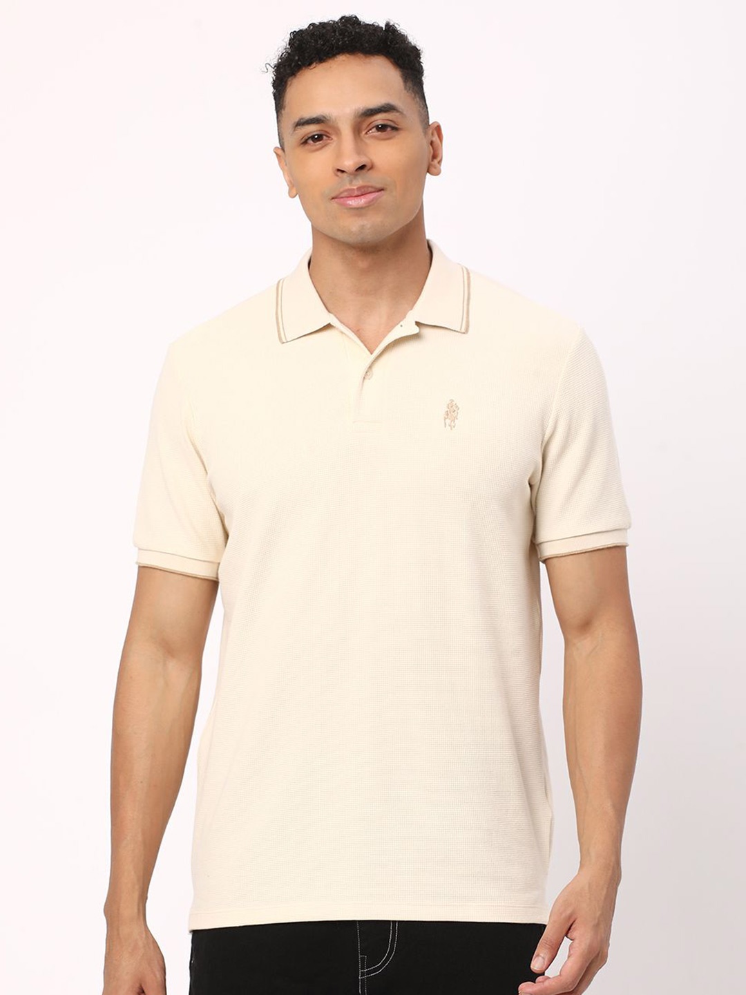 

R&B Men Solid Polo Collar Cotton T-shirt, Cream