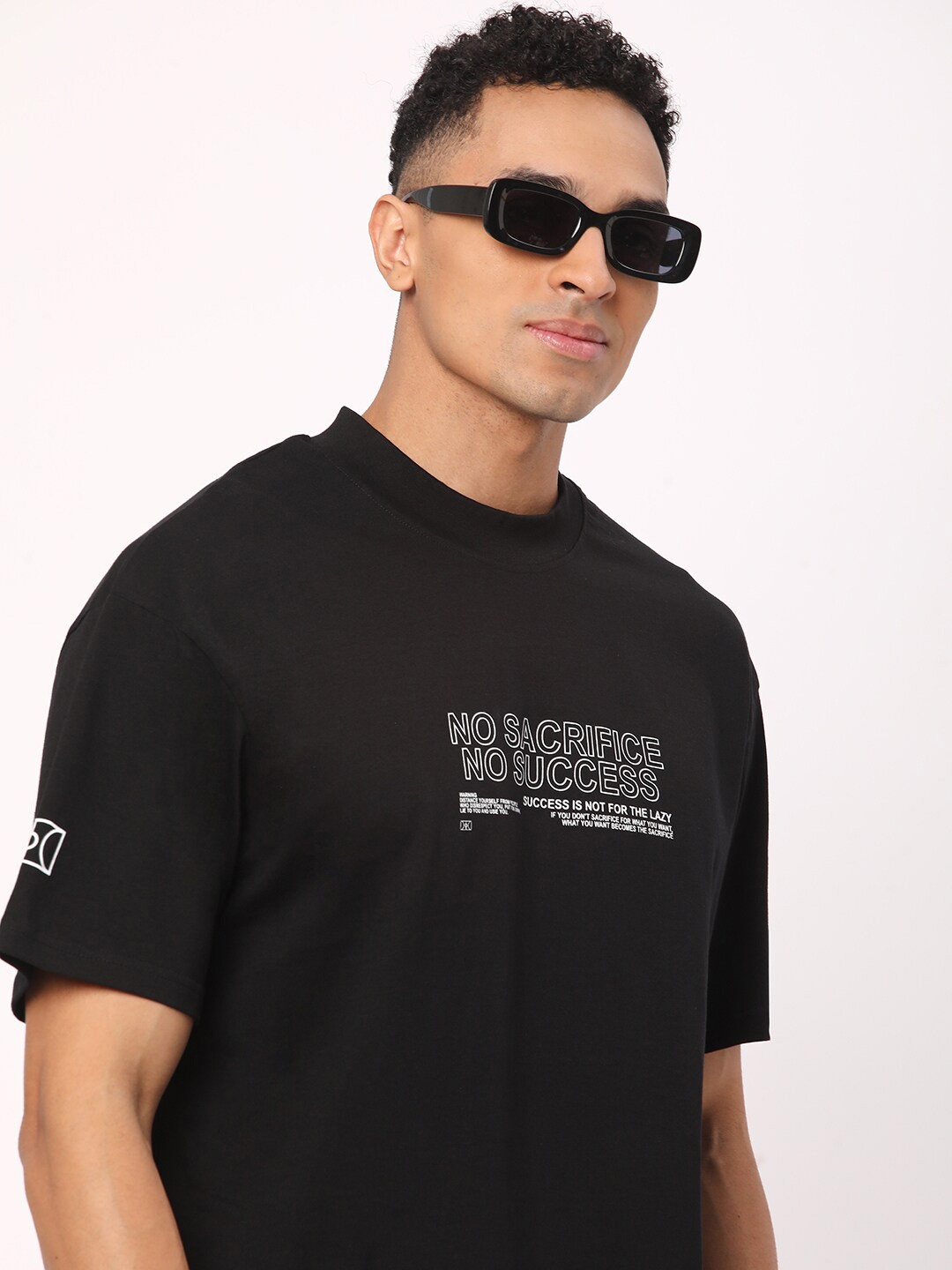 

R&B Men Typography Printed Round Neck Cotton Oversized T-shirt, Black
