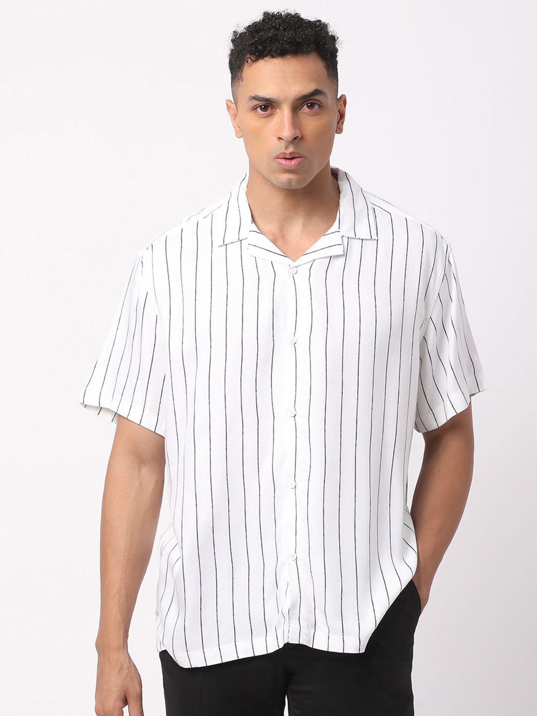 

R&B Men Striped Printed Monochrome Cuban Collar Casual Shirt, White
