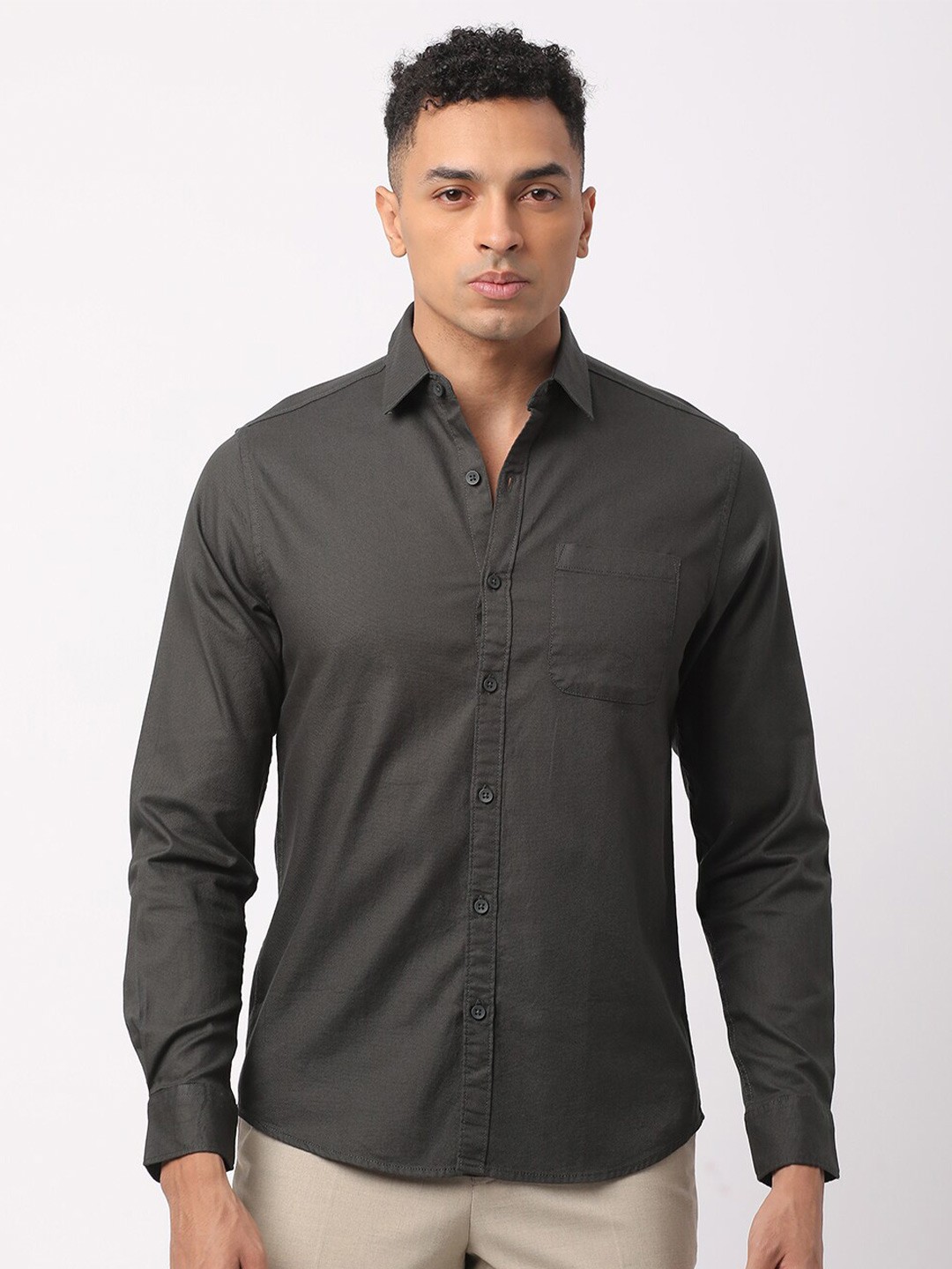 

R&B Men Solid Pocket Cotton Casual Shirt, Grey