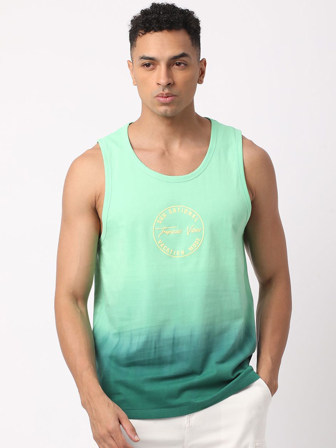 

R&B Printed Cotton Tank Vest, Green